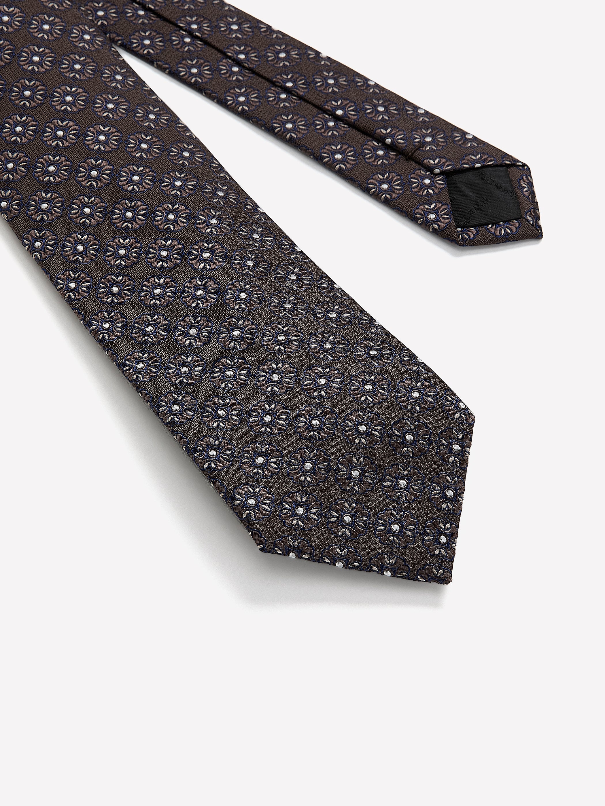 Brown Regular Tie with Geometric Floral Pattern - Image 2