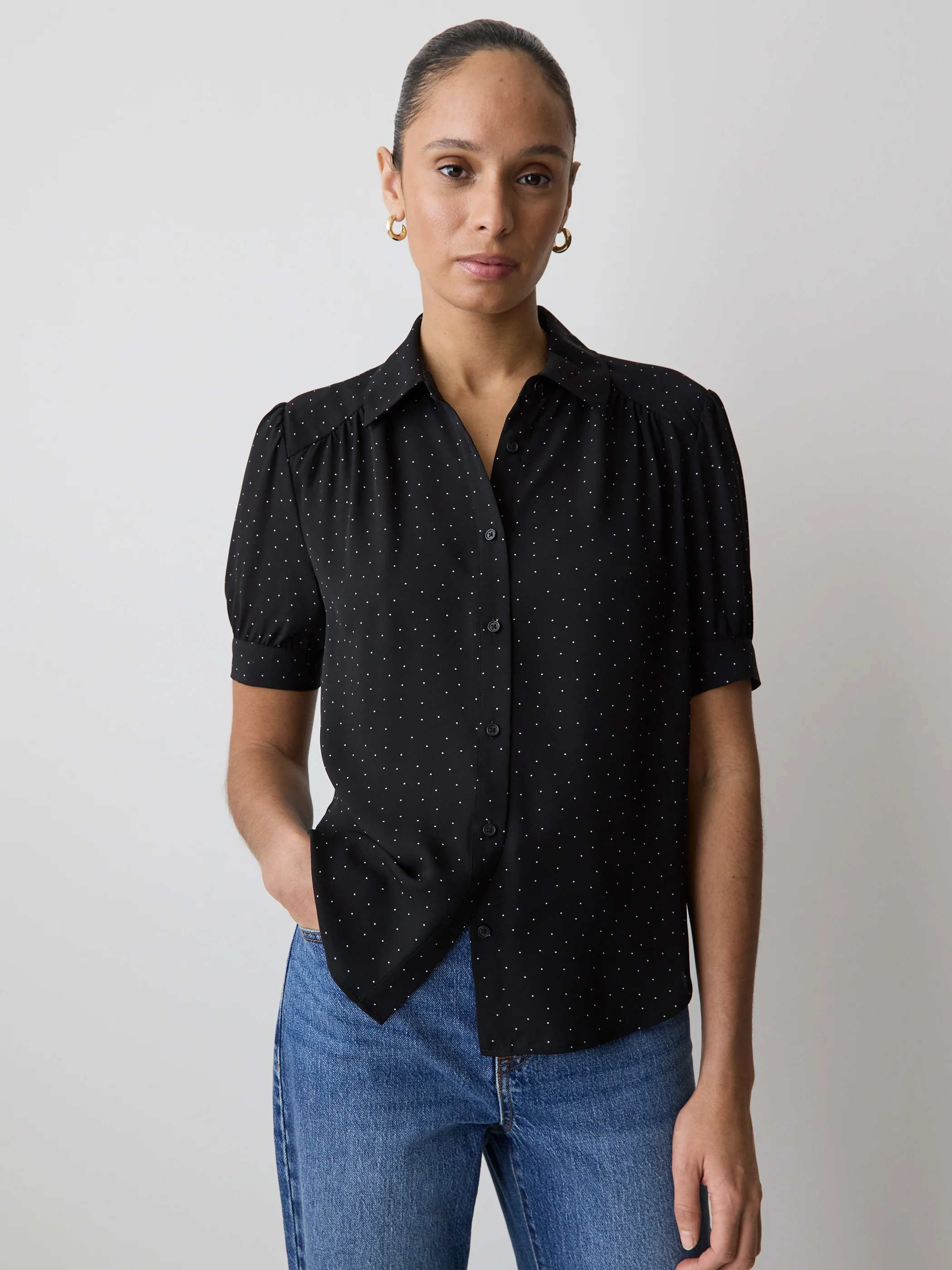 Silky Crepe Short-Sleeve Buttoned-Down Blouse - Image 13
