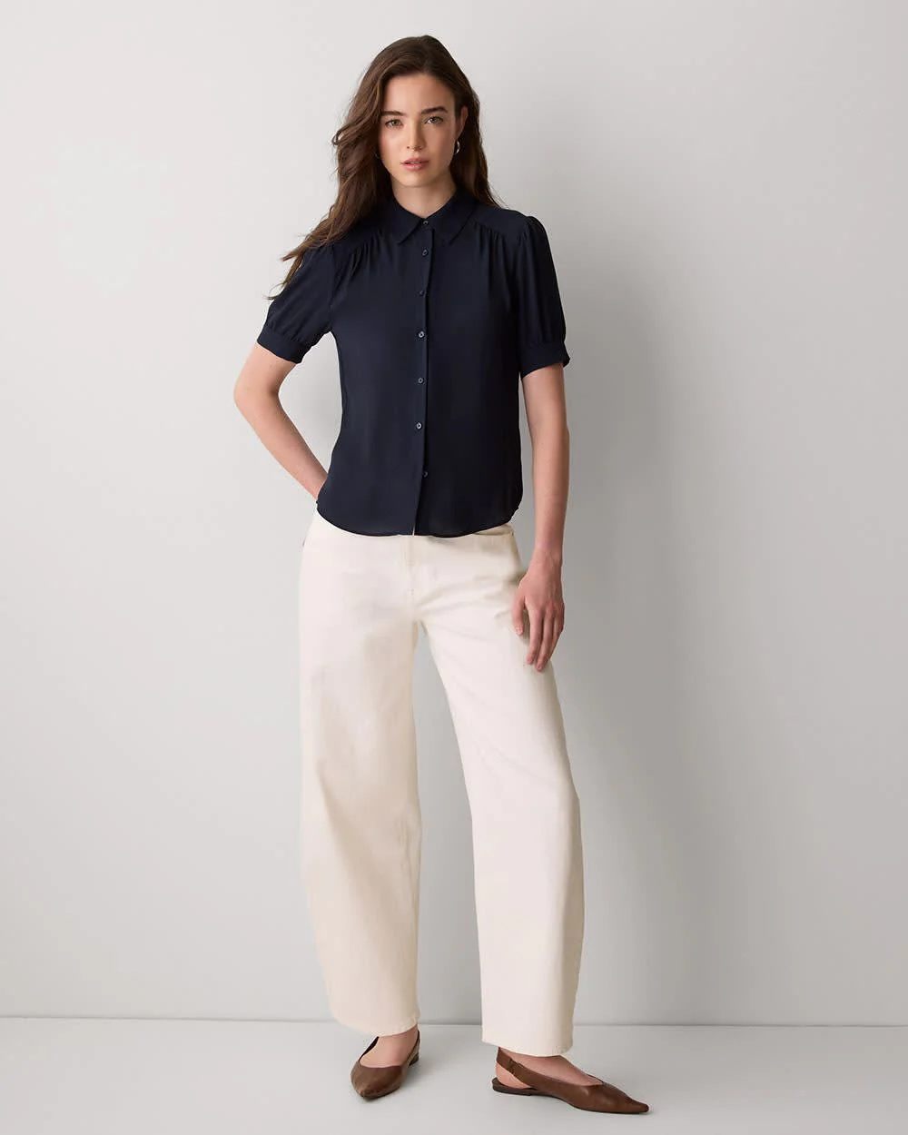 Silky Crepe Short-Sleeve Buttoned-Down Blouse - Image 2