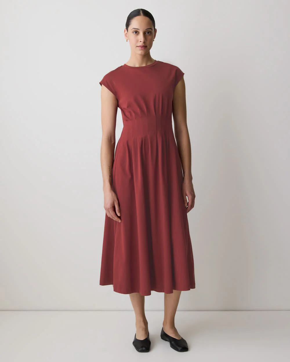 Extended-Sleeve Crew-Neck Midi Dress with Pintucks - Image 12