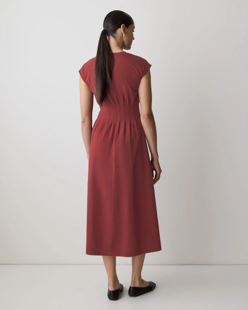 Extended-Sleeve Crew-Neck Midi Dress with Pintucks - Image 13