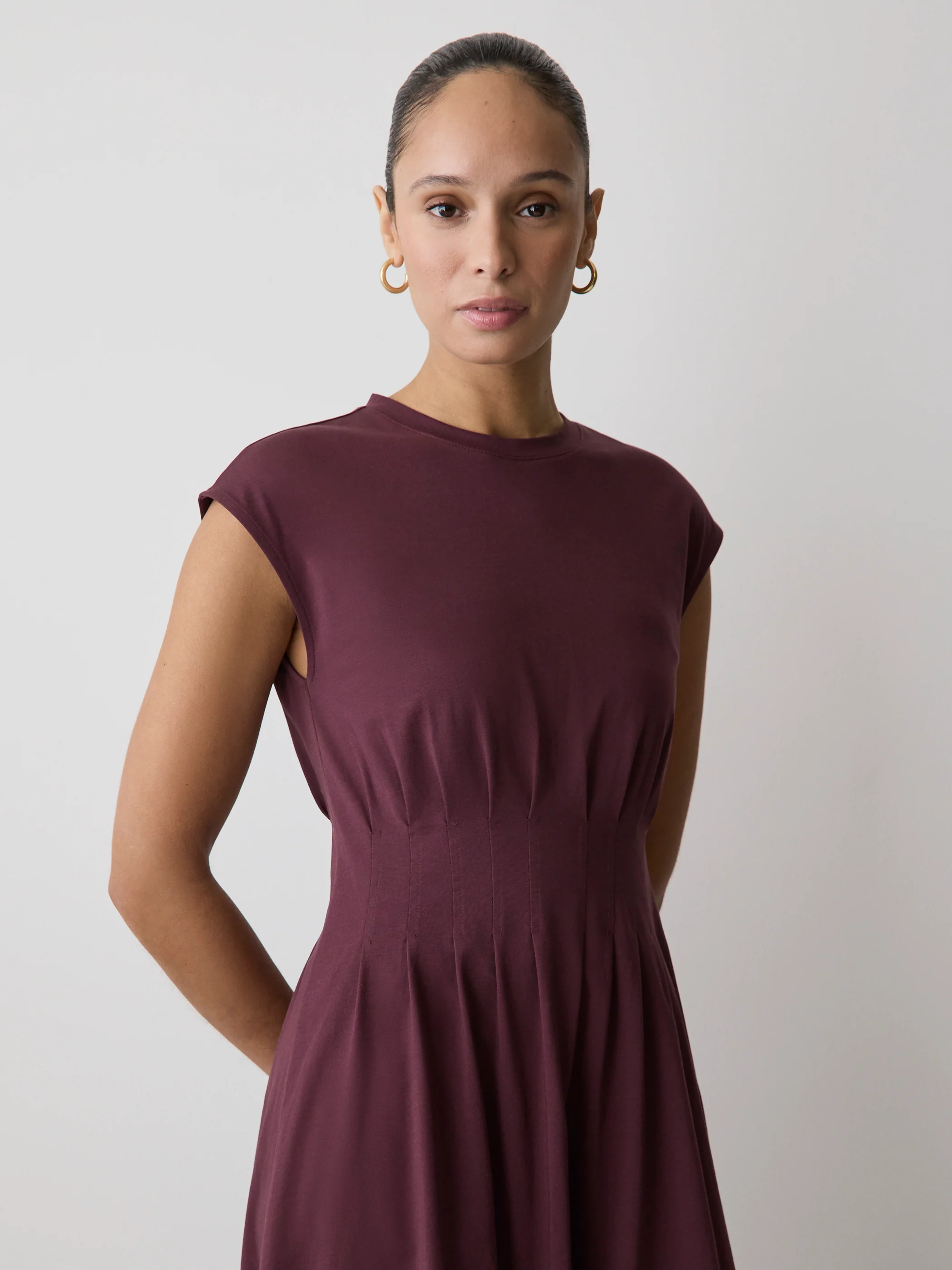Extended-Sleeve Crew-Neck Midi Dress with Pintucks - Image 7