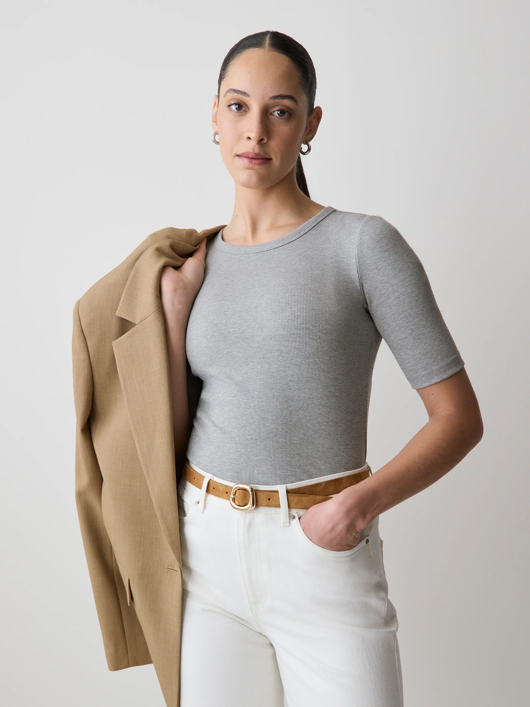 Elbow-Sleeve Crew-Neck Ribbed Tee - Image 6