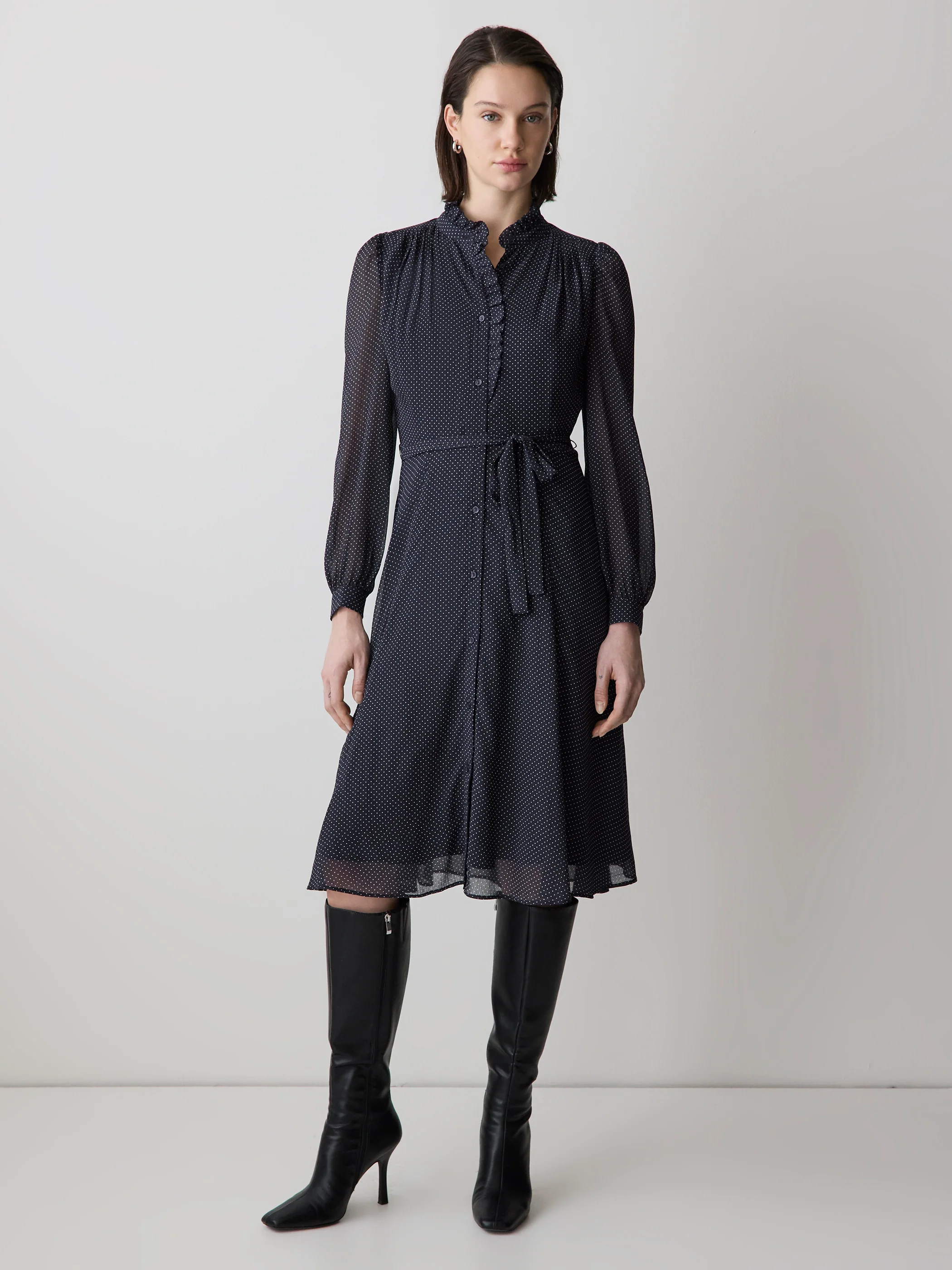 Long-Sleeve Mock-Neck Buttoned-Down Midi Dress - Image 13