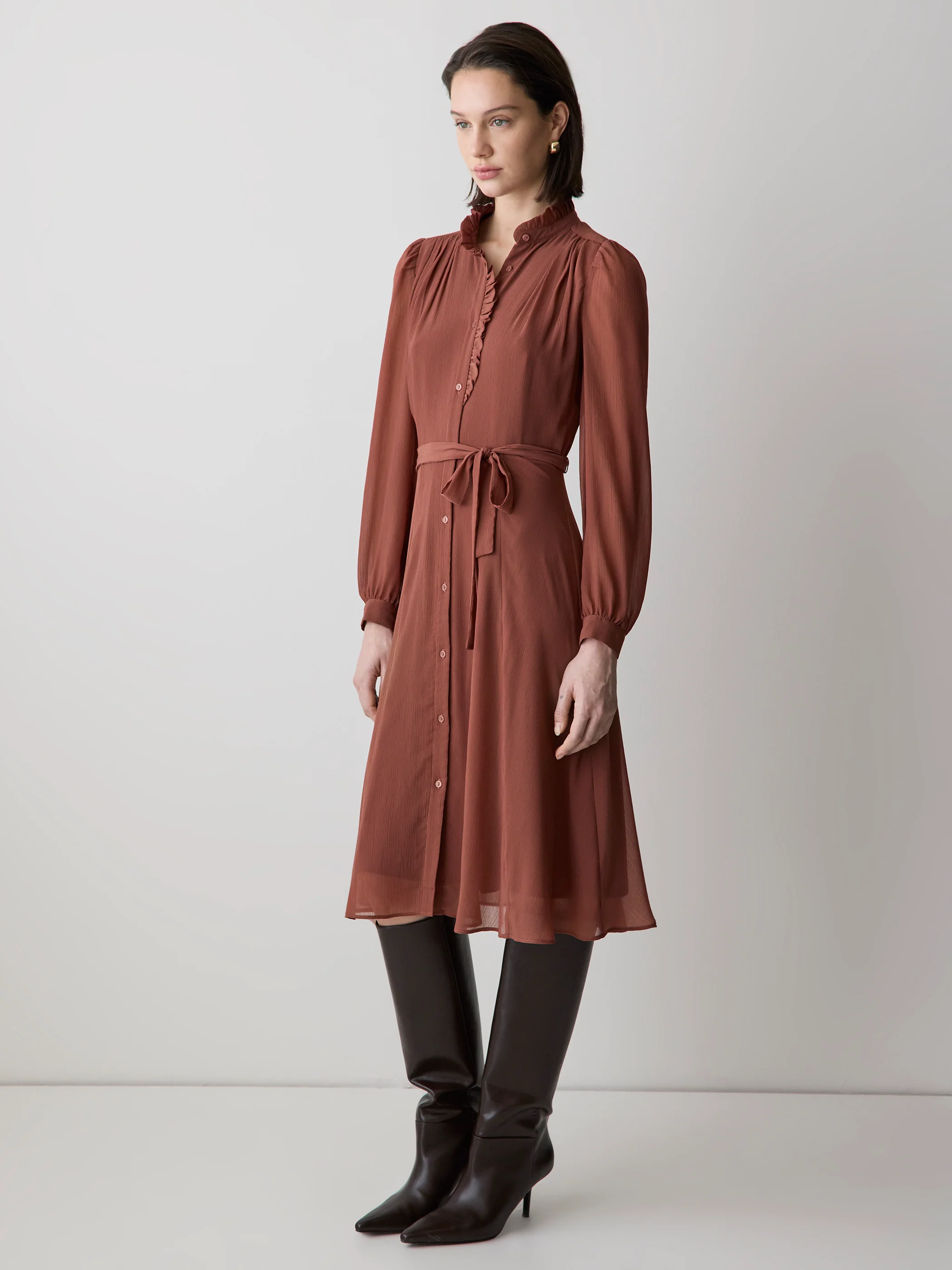 Long-Sleeve Mock-Neck Buttoned-Down Midi Dress - Image 19