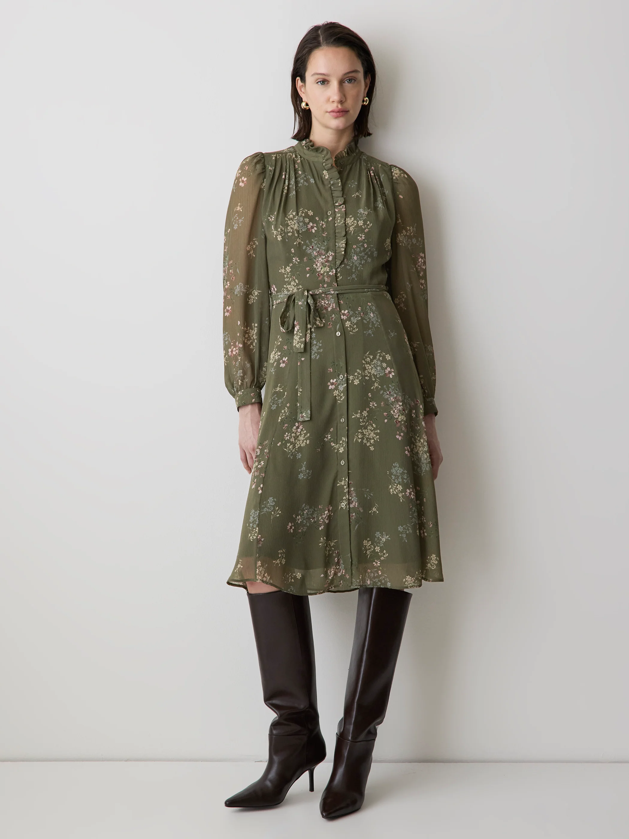 Long-Sleeve Mock-Neck Buttoned-Down Midi Dress - Image 7