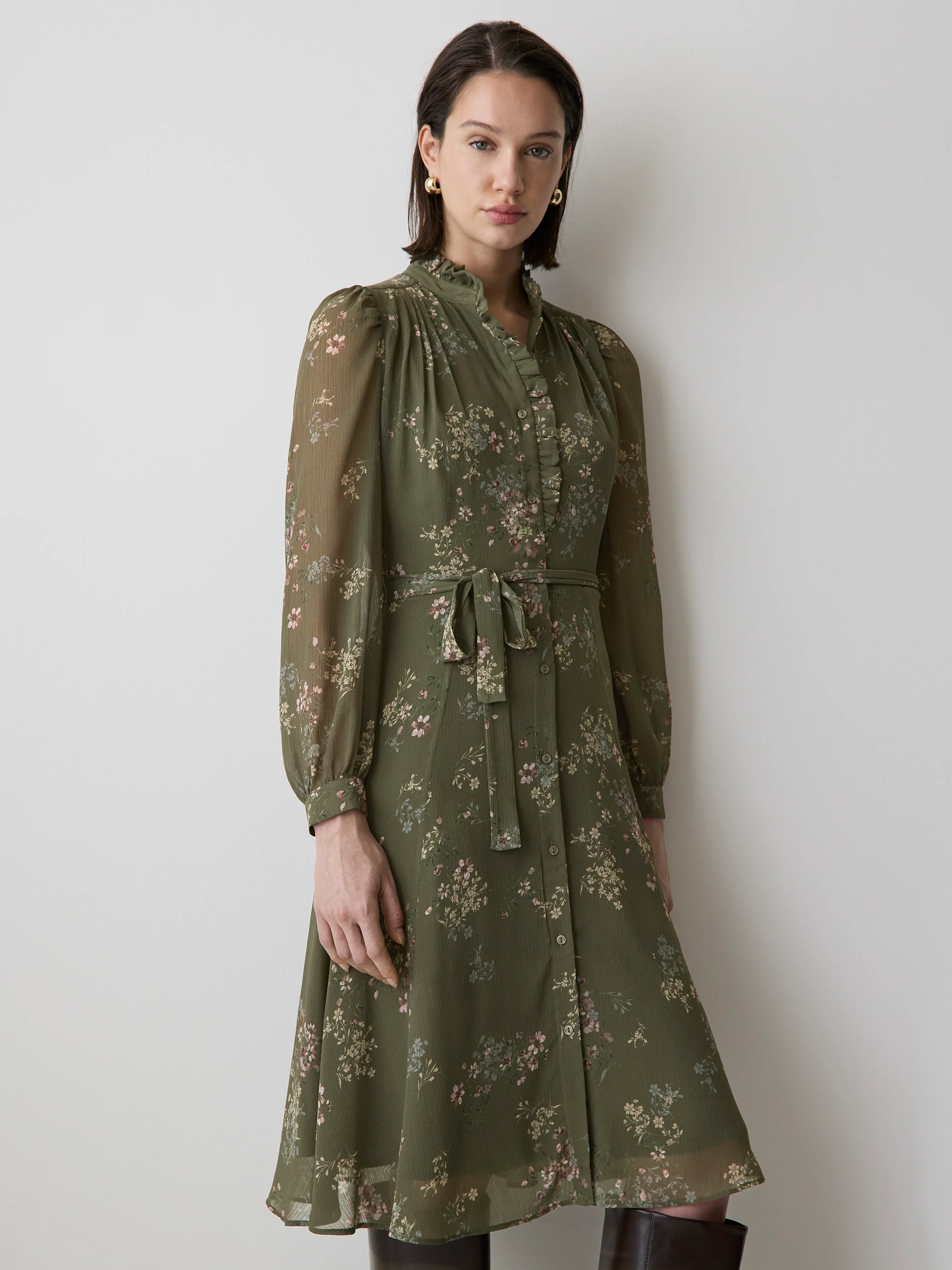 Long-Sleeve Mock-Neck Buttoned-Down Midi Dress - Image 8