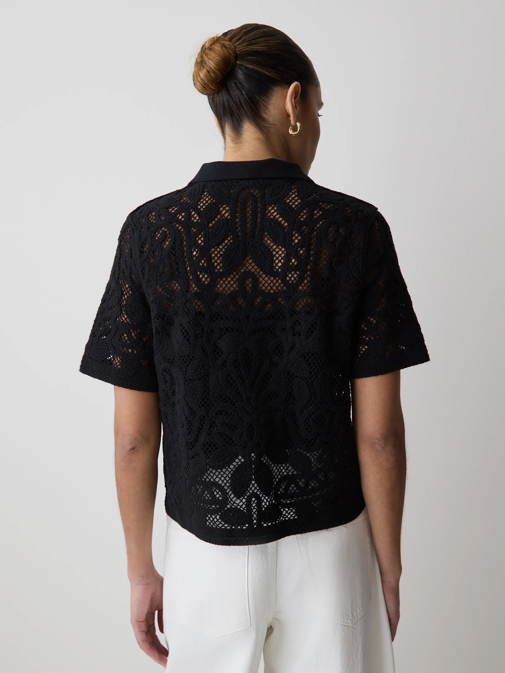 Short-Sleeve Crochet Polo Top - Image 3