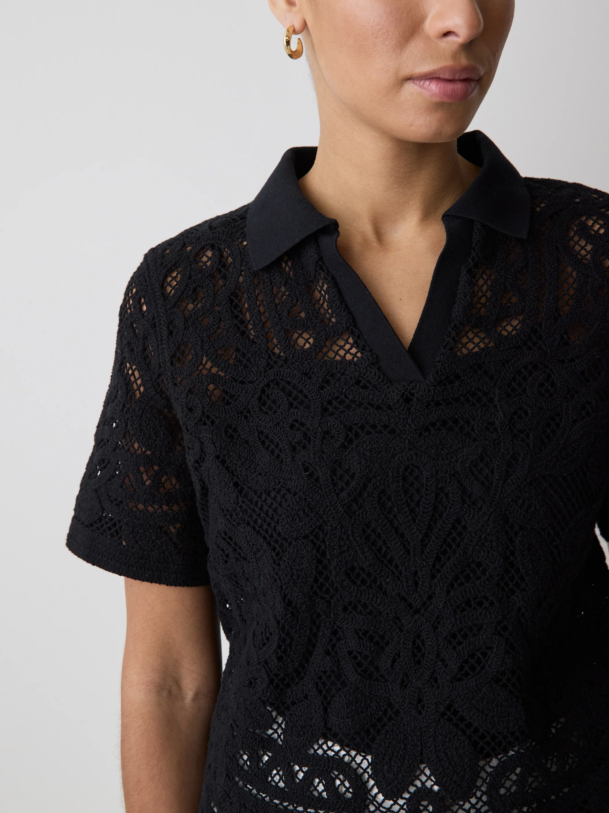 Short-Sleeve Crochet Polo Top - Image 4
