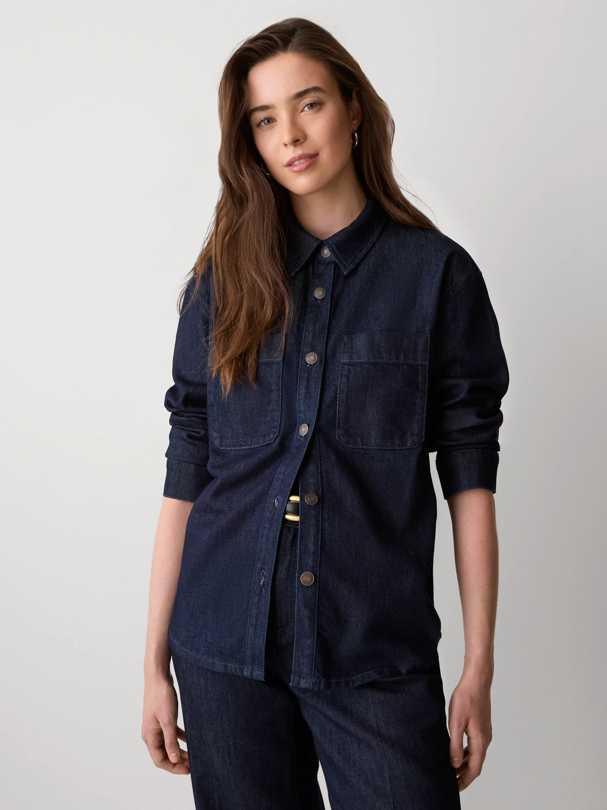 Long-Sleeve Buttoned-Down Denim Blouse - Image 2
