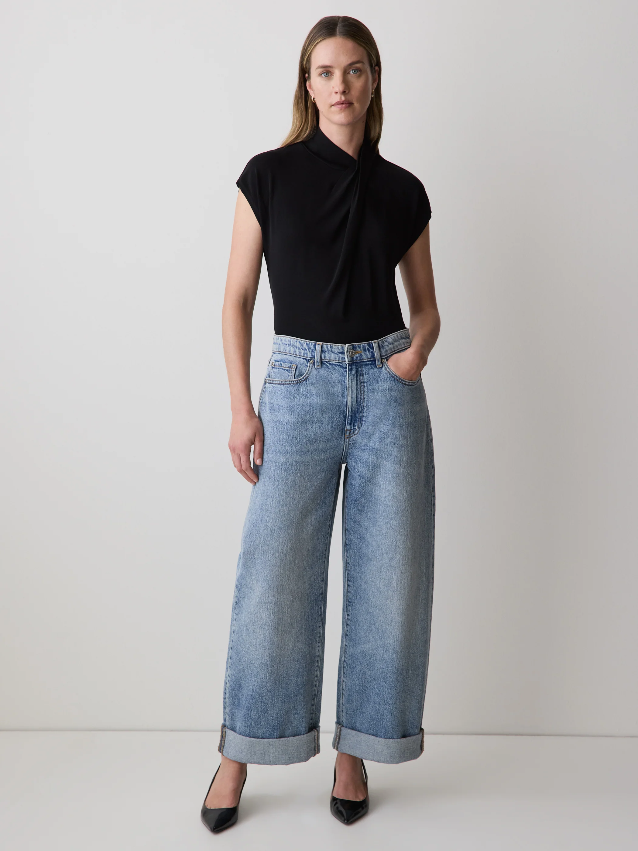 Extended-Sleeve Top with Crossover Draped Mock Neckline - Image 7