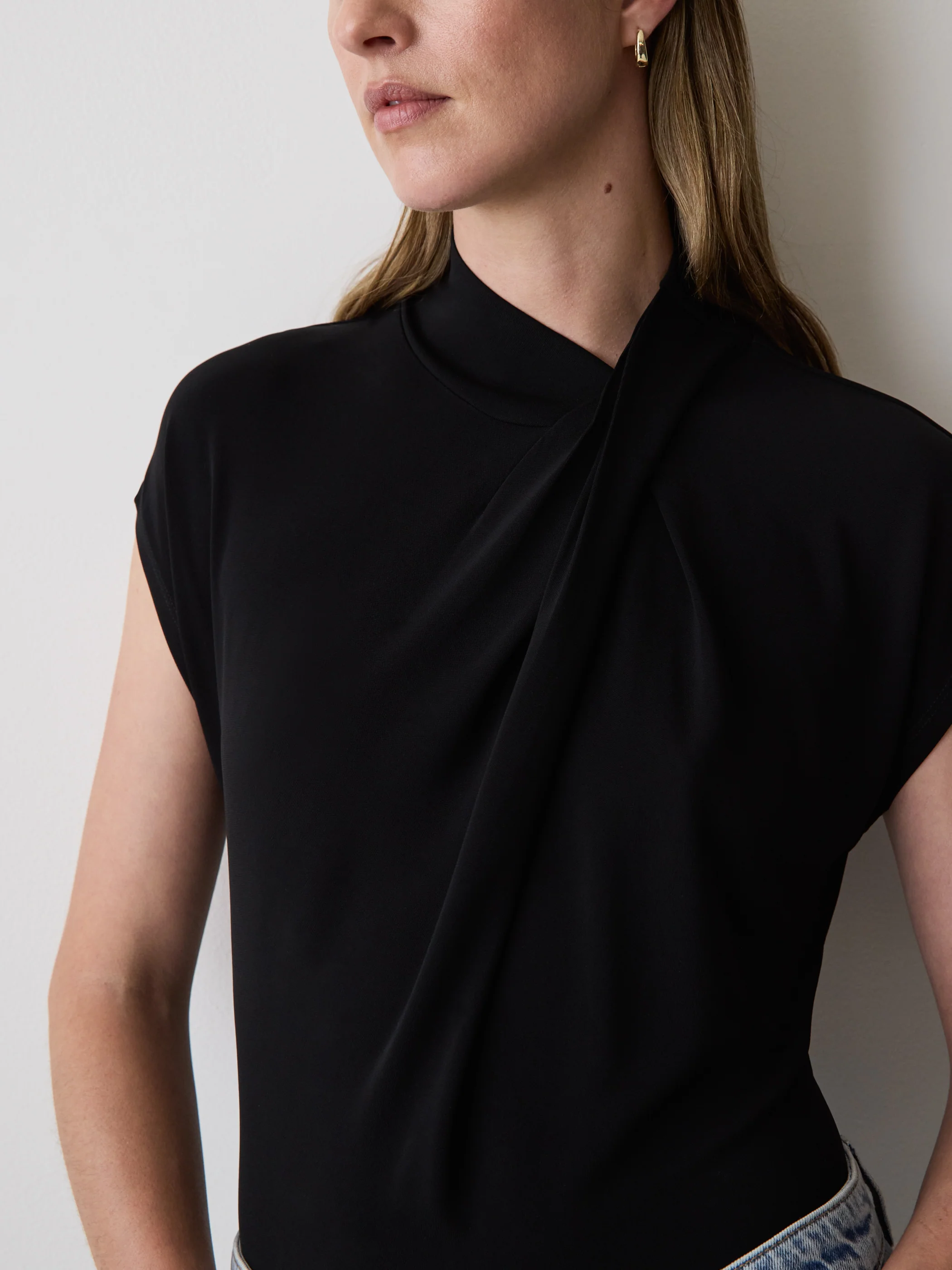 Extended-Sleeve Top with Crossover Draped Mock Neckline - Image 9