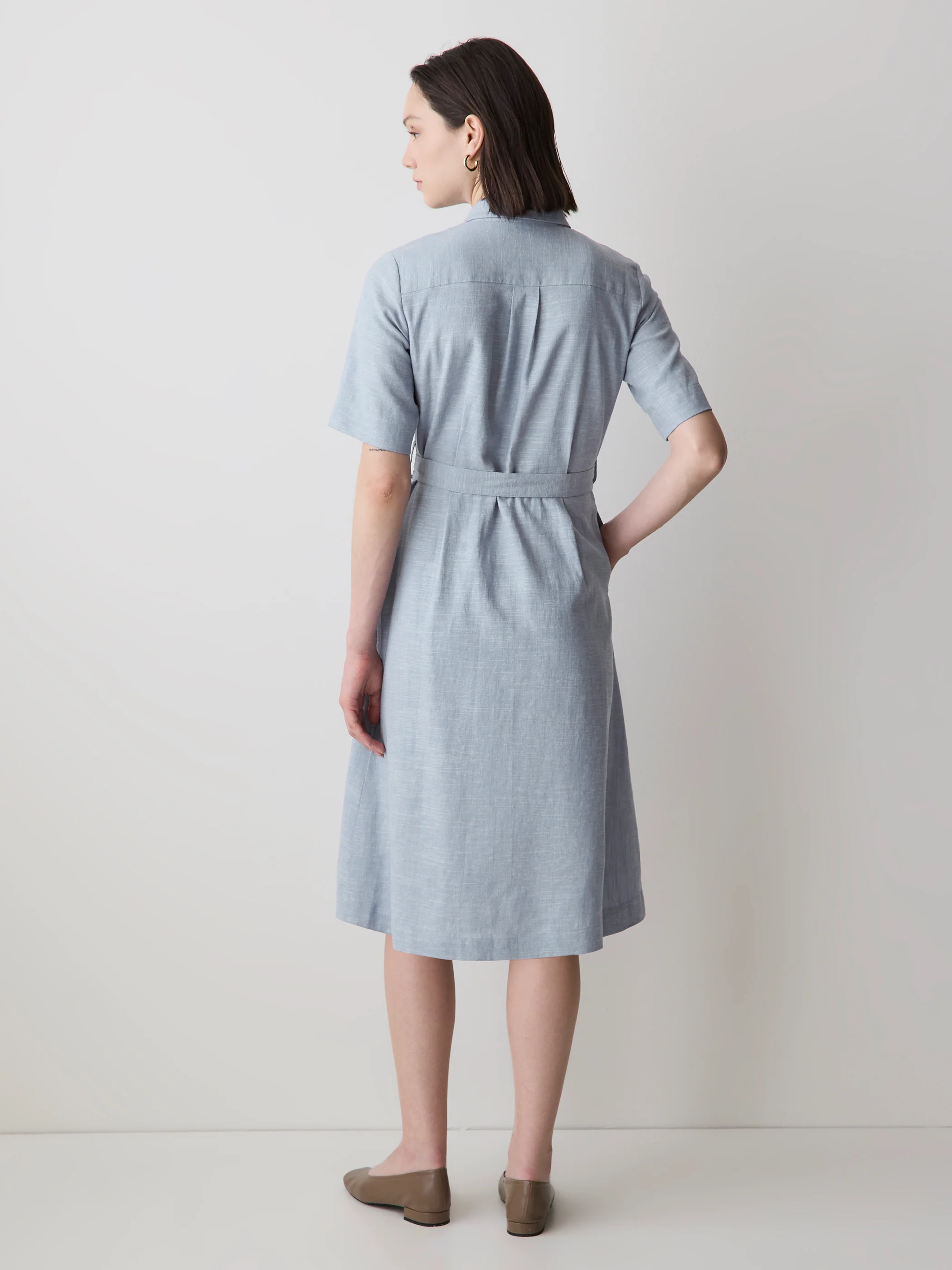 Short-Sleeve Linen-Blend Midi Dress with Shirt Collar - Image 3