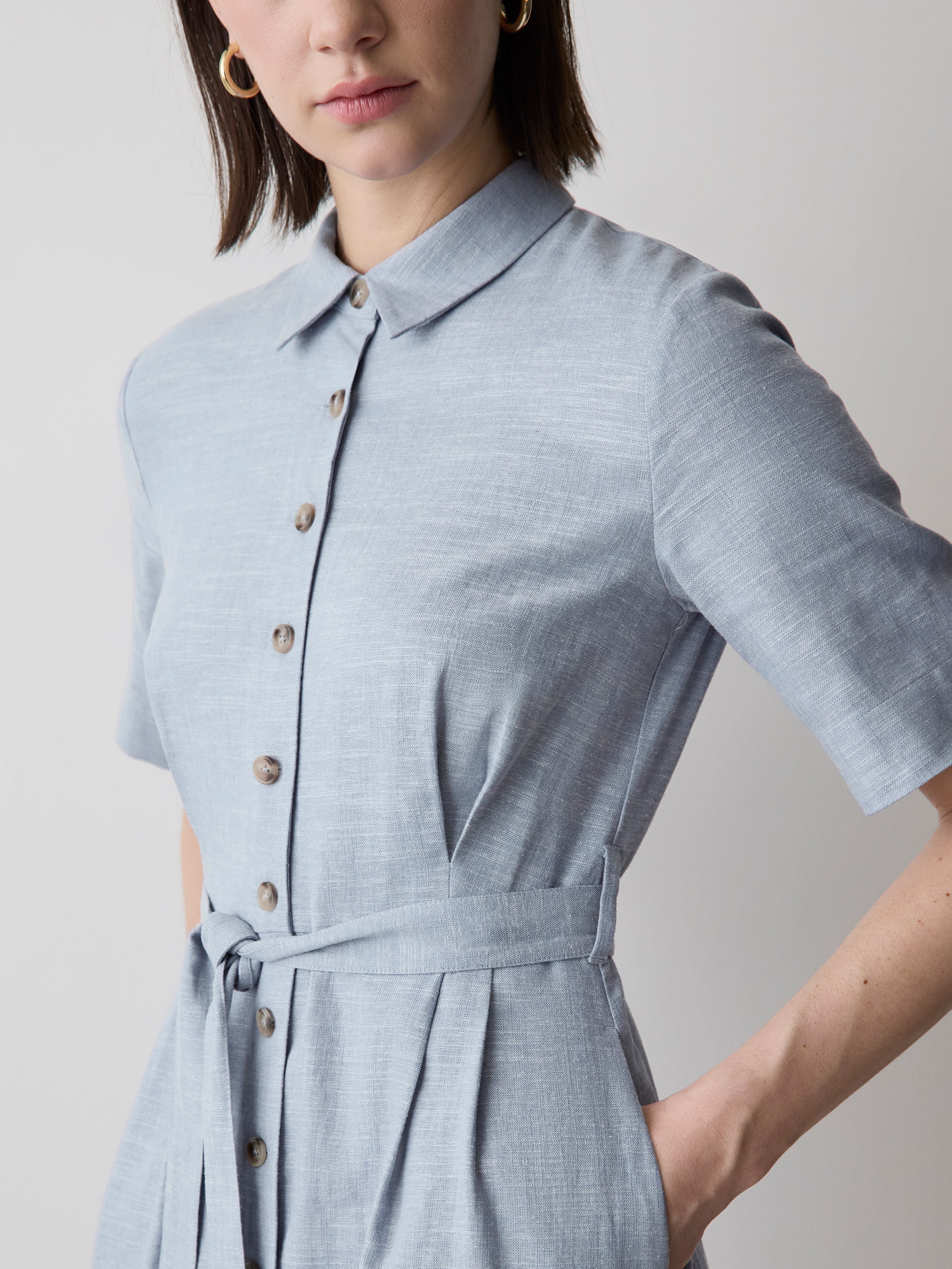 Short-Sleeve Linen-Blend Midi Dress with Shirt Collar - Image 4