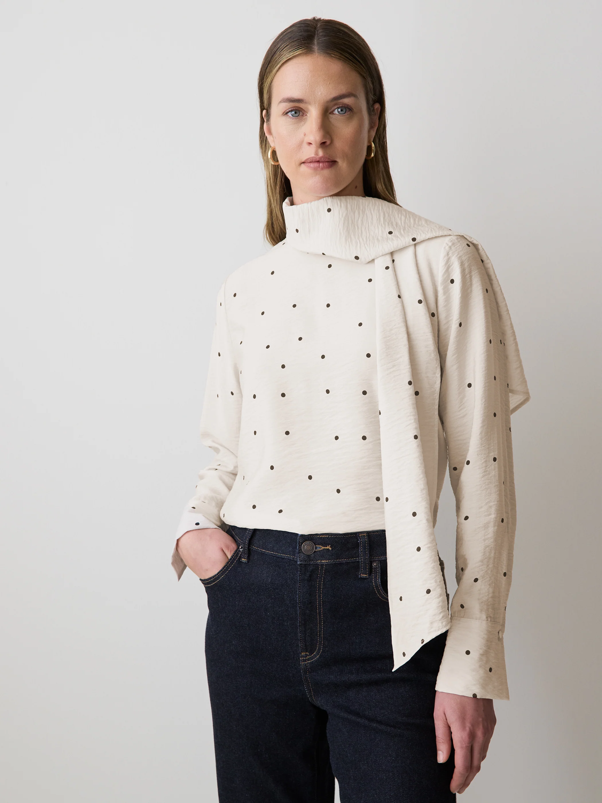 Long-Sleeve Popover Blouse with Scarf Neckline