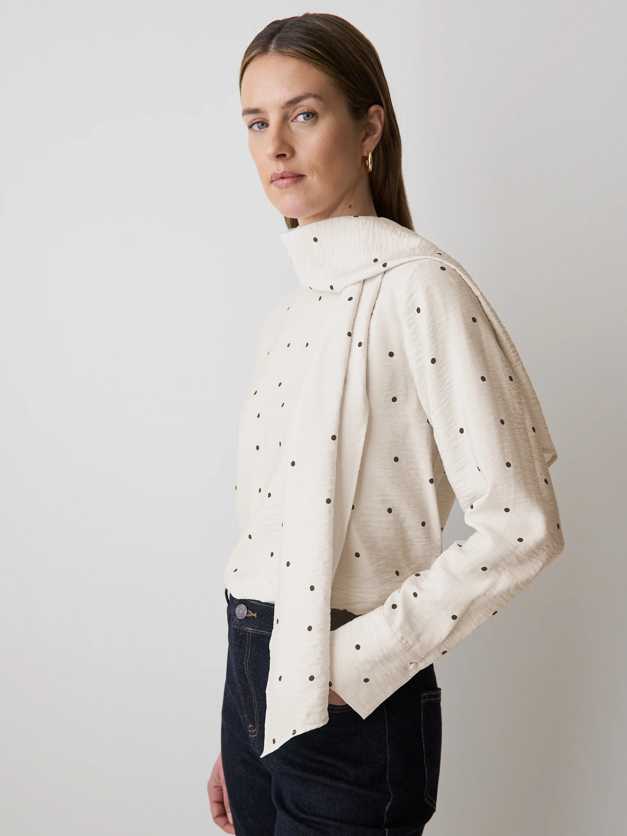 Long-Sleeve Popover Blouse with Scarf Neckline - Image 4
