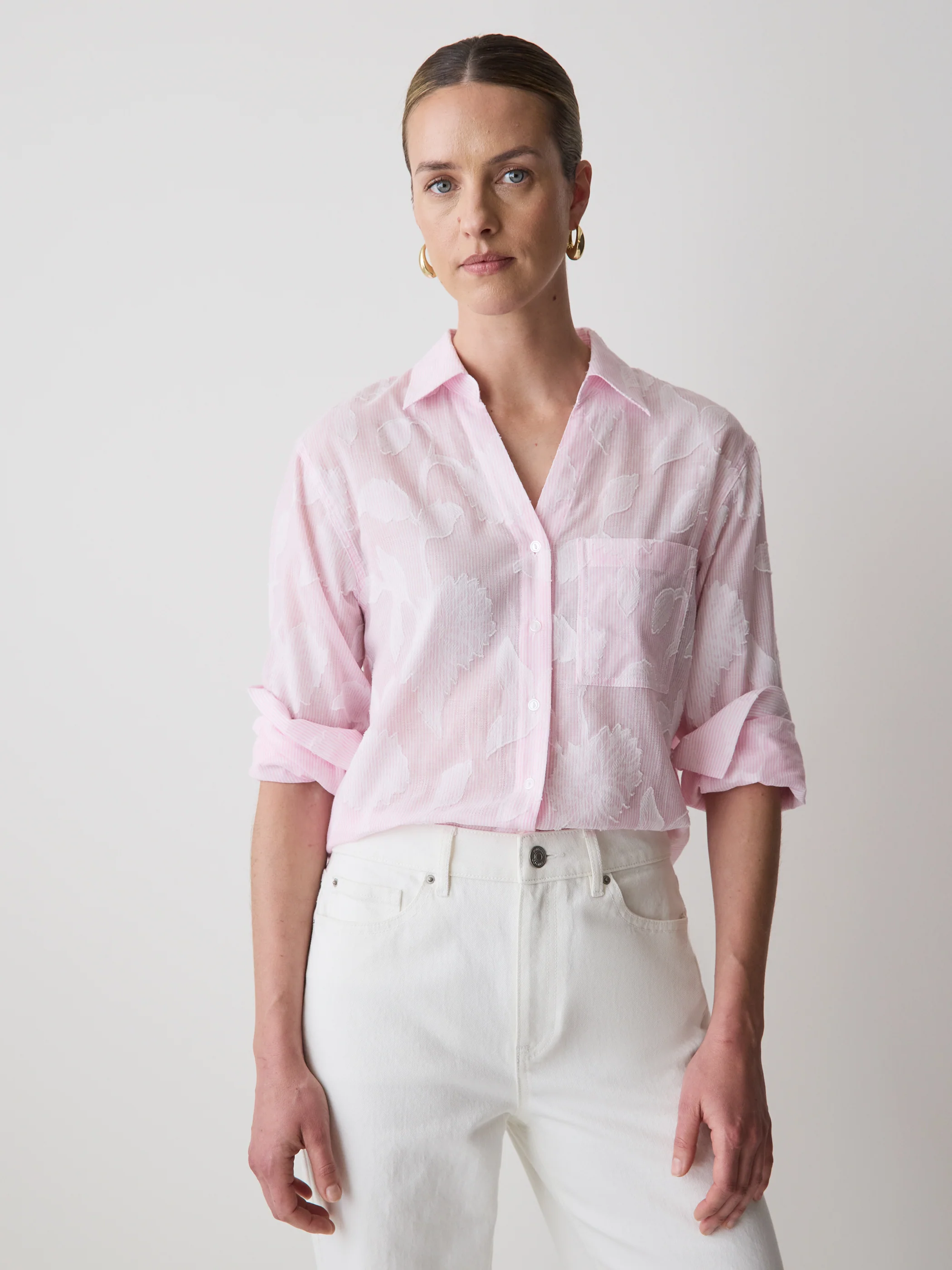 Long-Sleeve Buttoned-Down Textured Blouse - Image 6