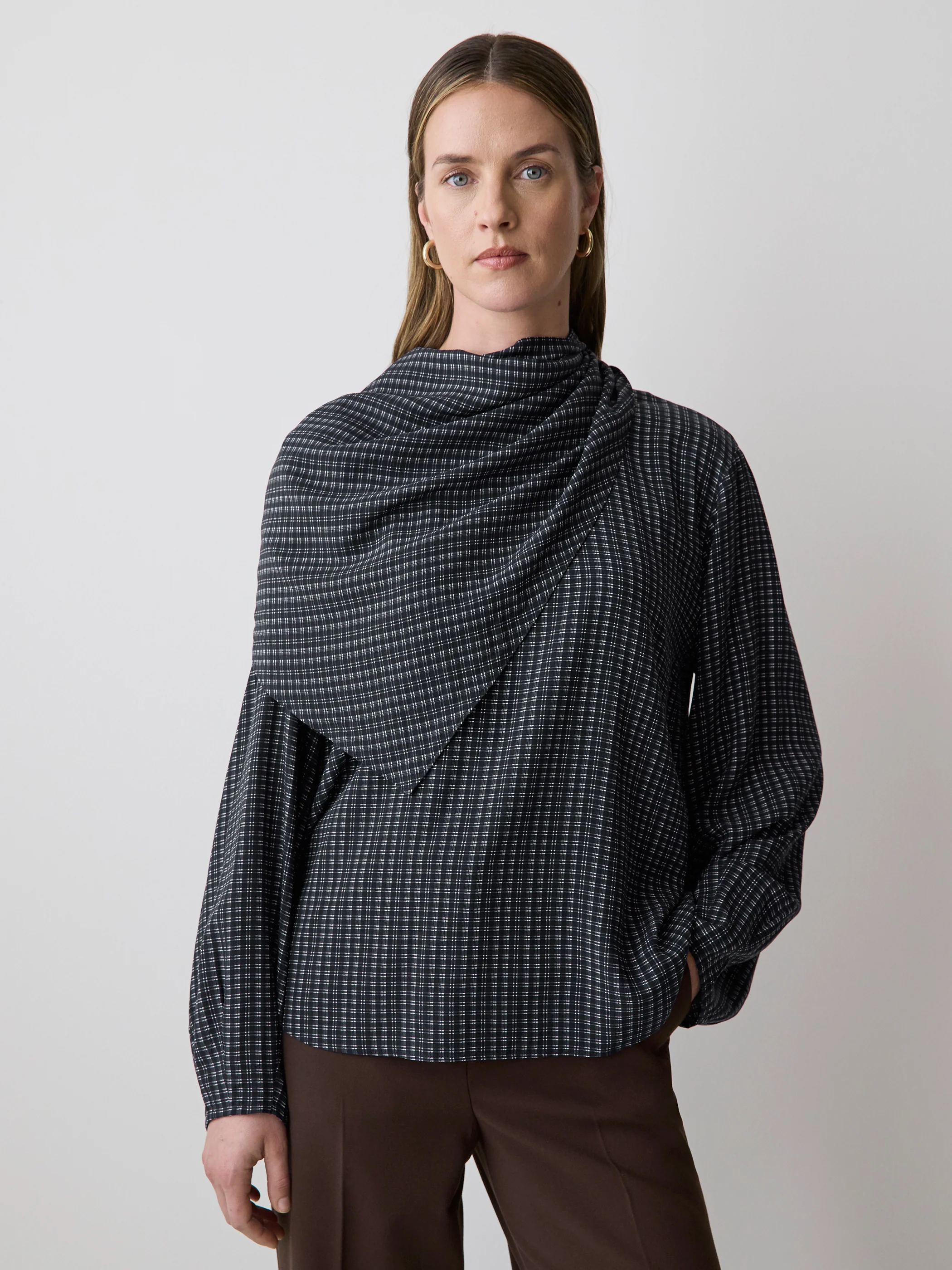 Long-Sleeve Popover Blouse with Scarf Neckline