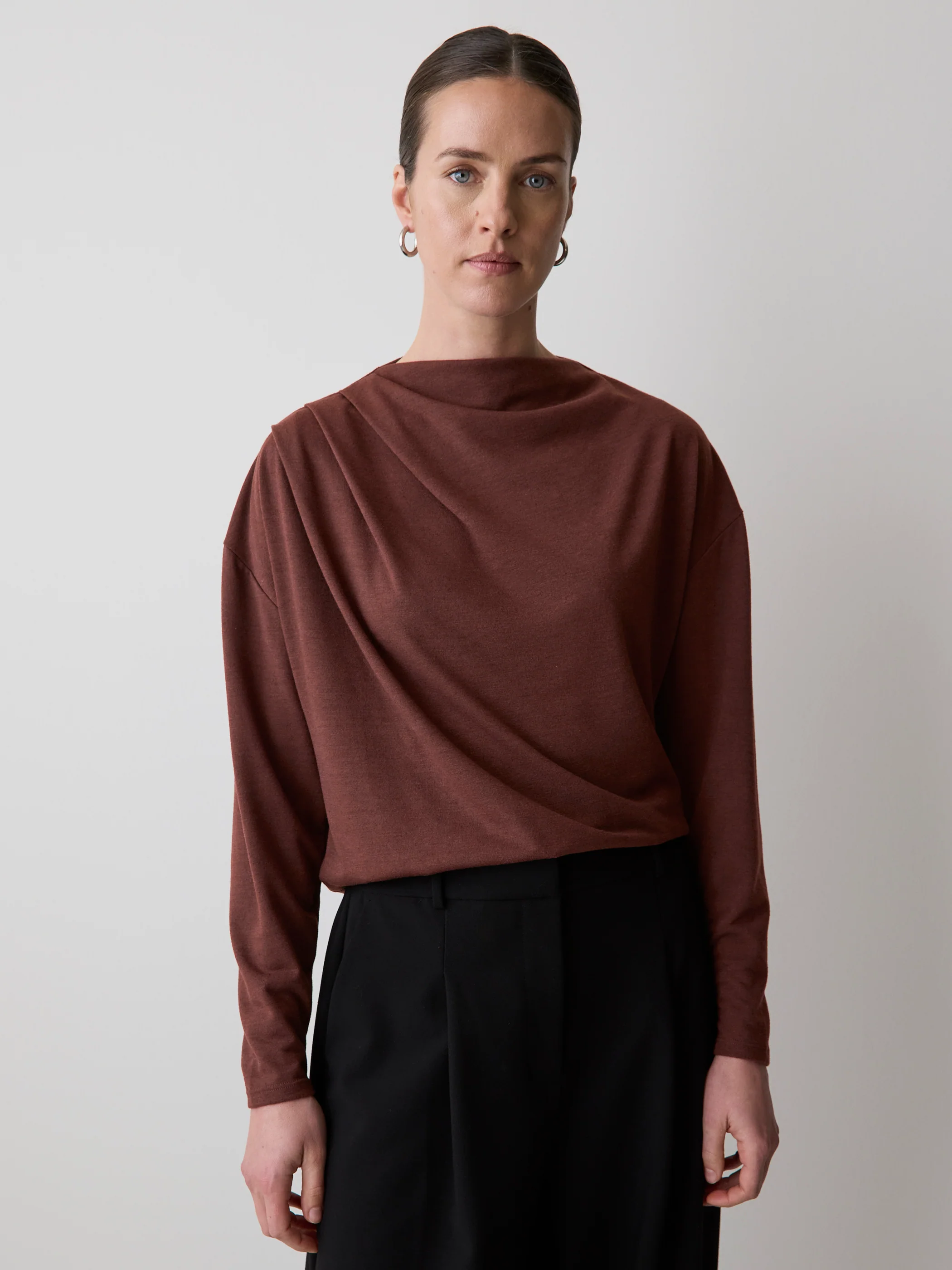 Long-Sleeve Top with Draped Crew Neckline