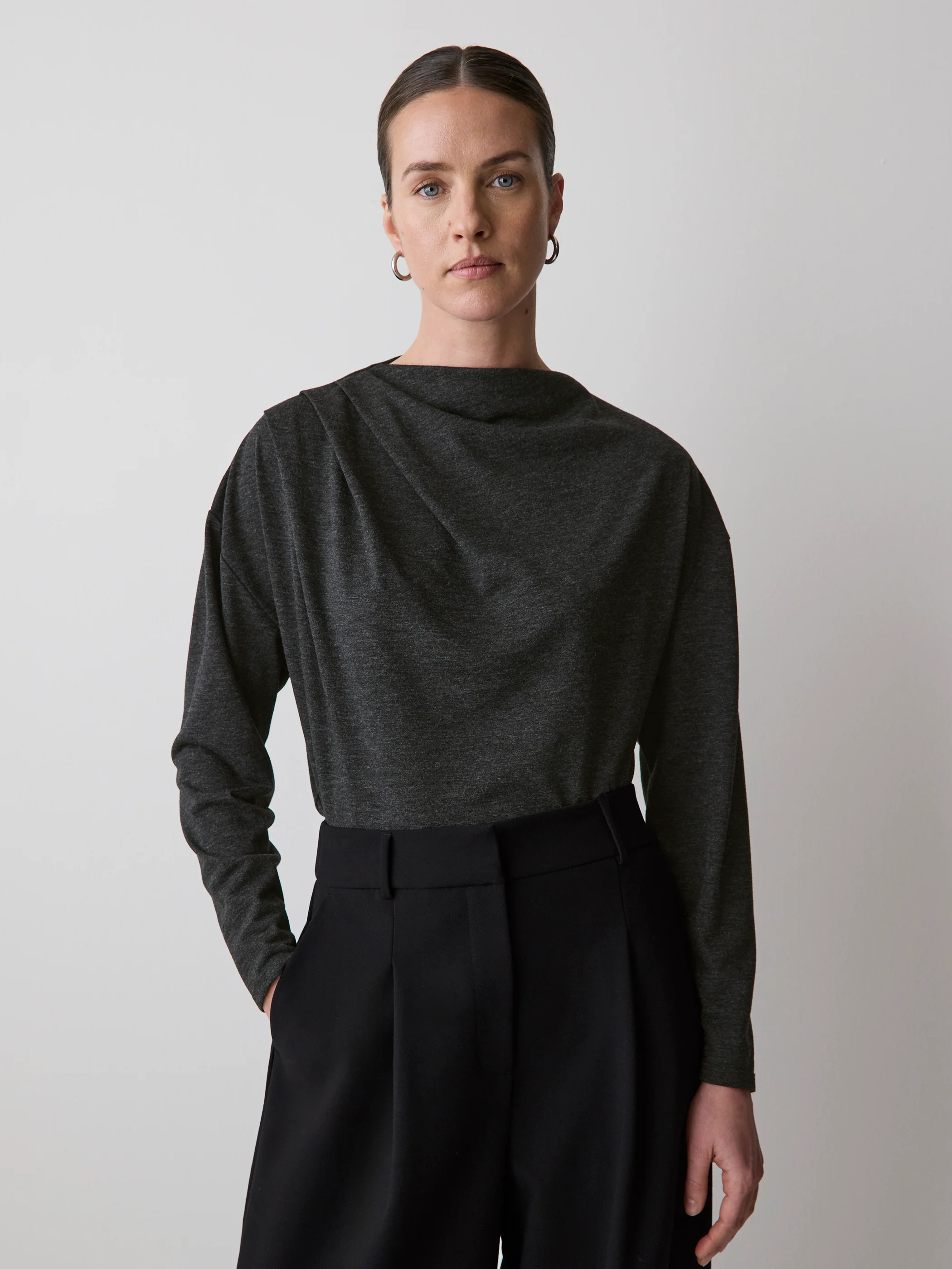 Long-Sleeve Top with Draped Crew Neckline - Image 7