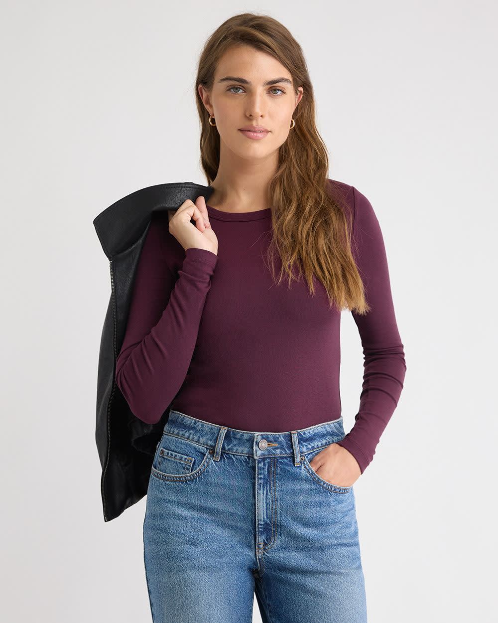 Luxe Knit Long-Sleeve Crew-Neck Fitted Ribbed Tee - Image 26
