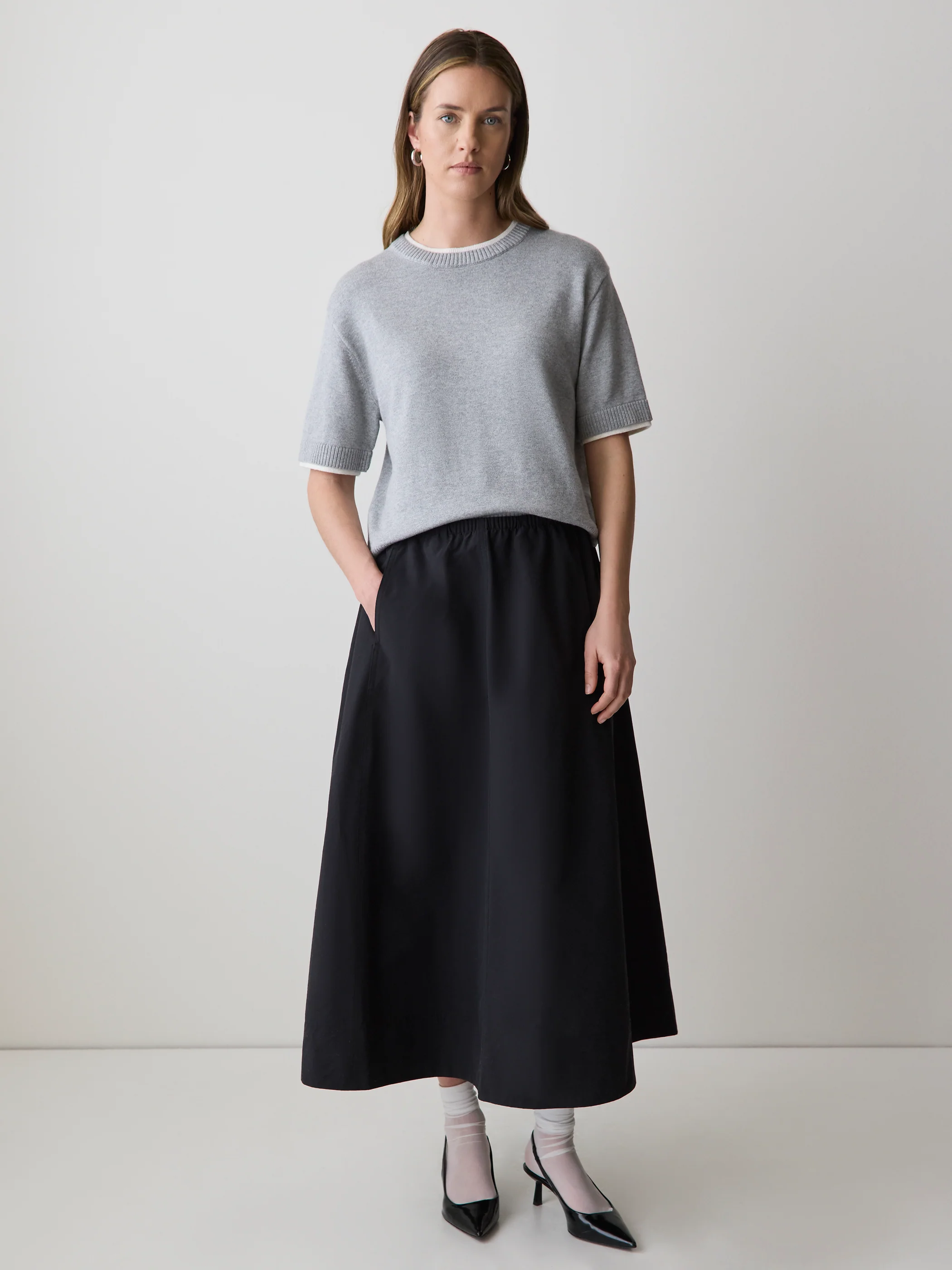 High-Rise A-Line Midi Skirt