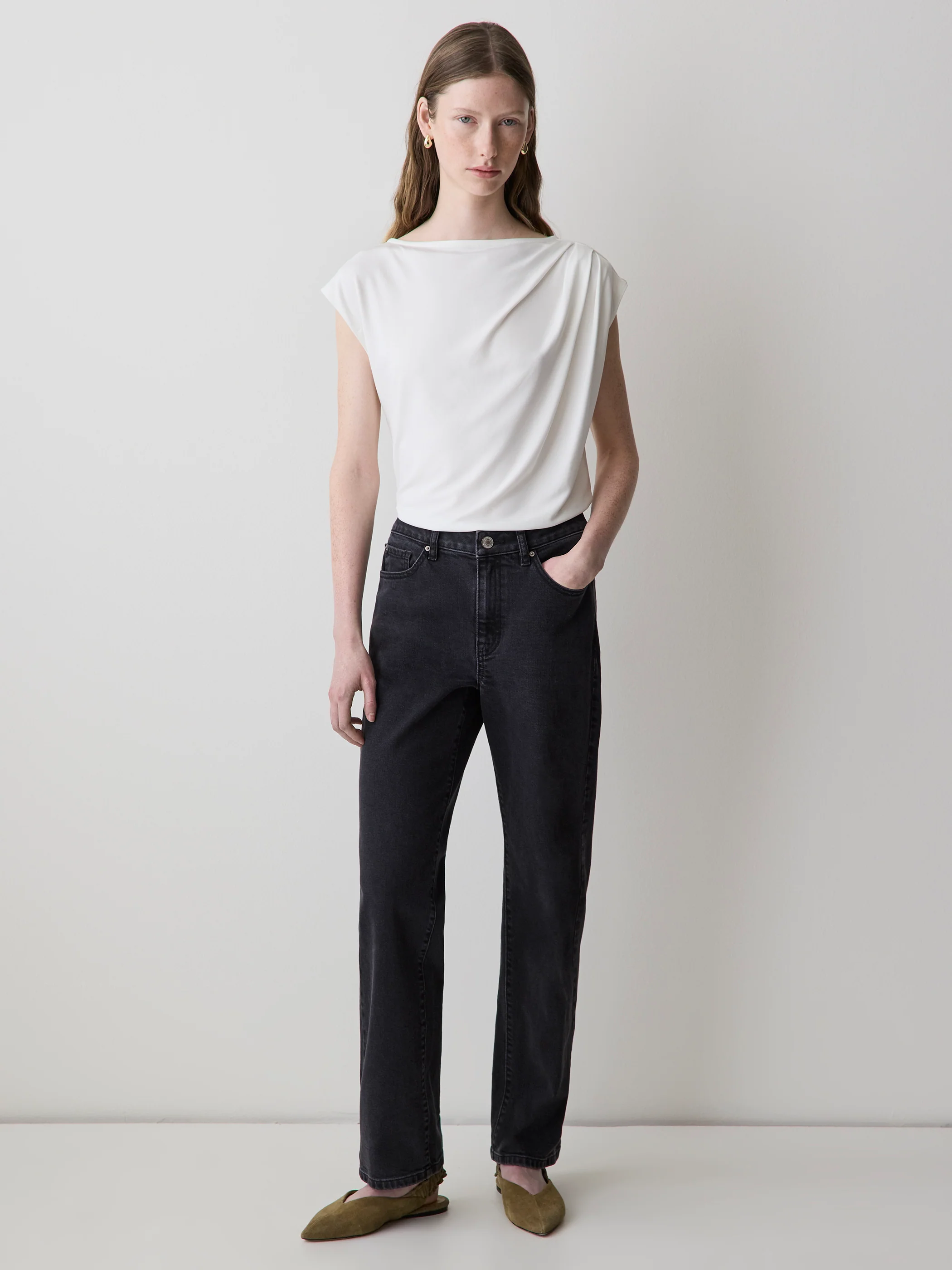 Extended-Sleeve Boat-Neck Top with Pleated Details - Image 8