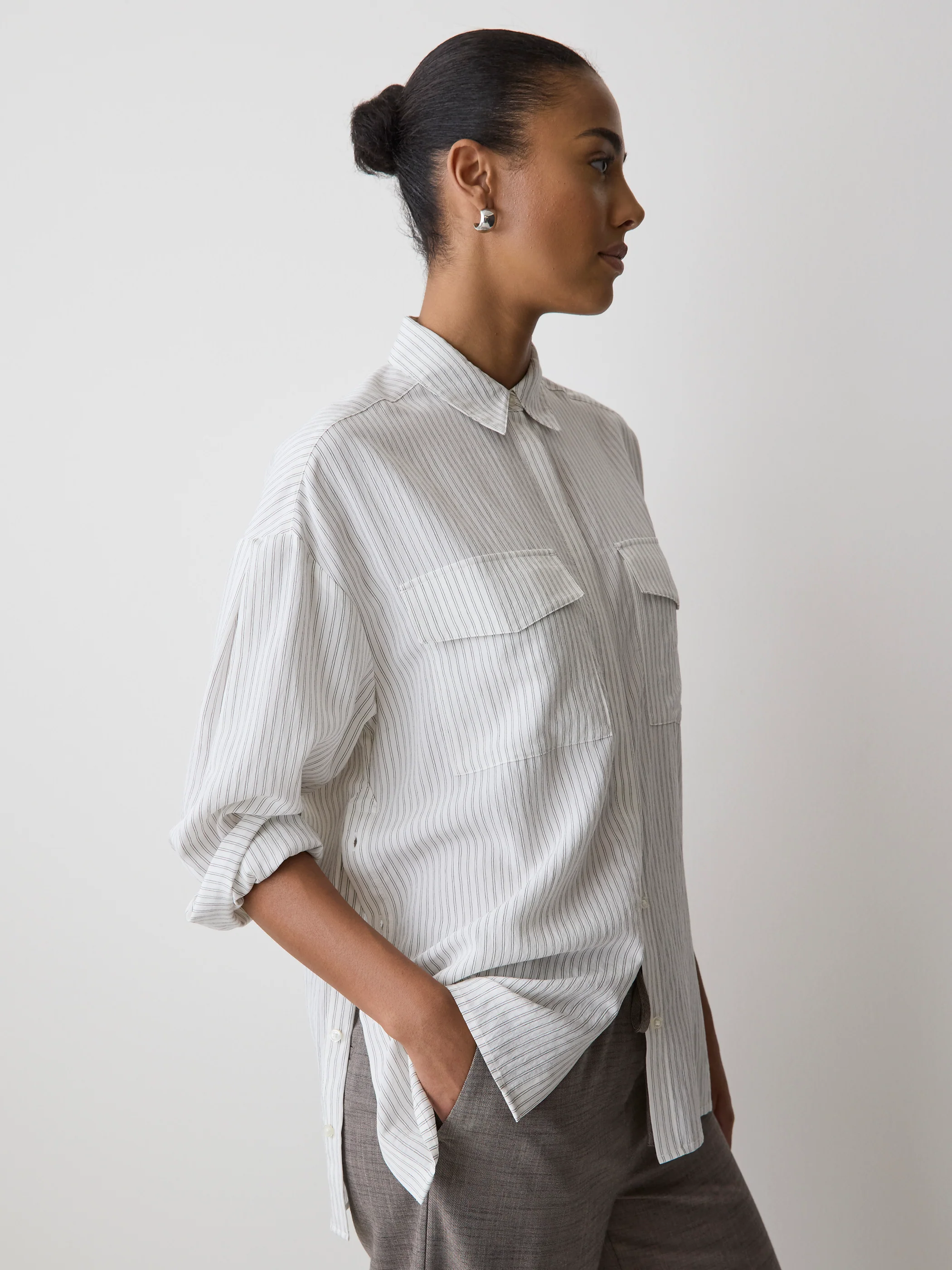 Striped Long-Sleeve Buttoned-Down Blouse with Pockets