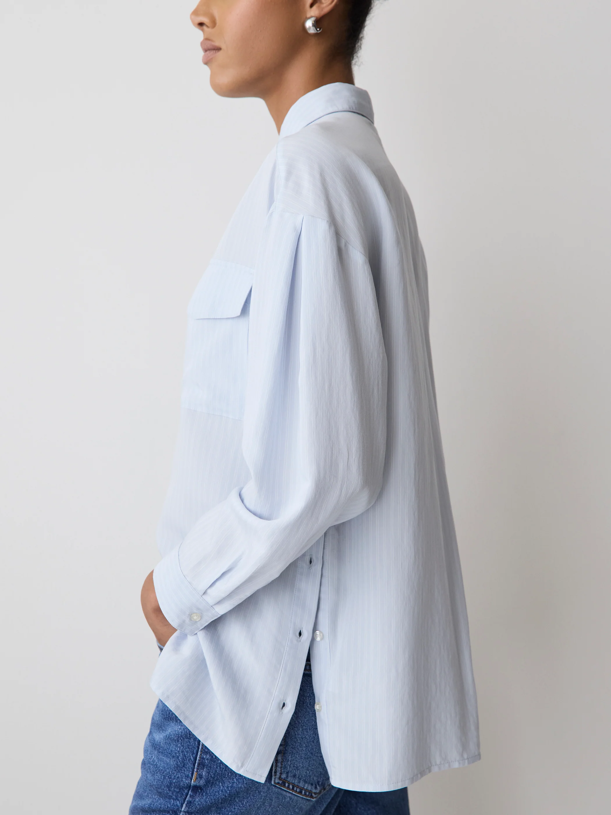 Striped Long-Sleeve Buttoned-Down Blouse with Pockets - Image 10