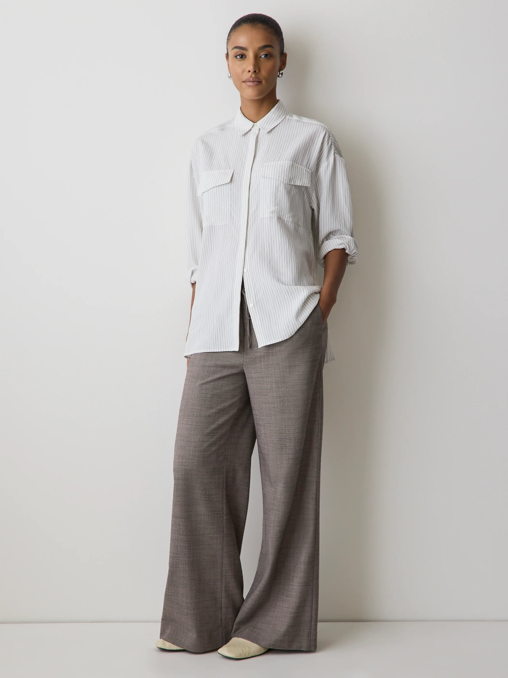 Striped Long-Sleeve Buttoned-Down Blouse with Pockets - Image 2