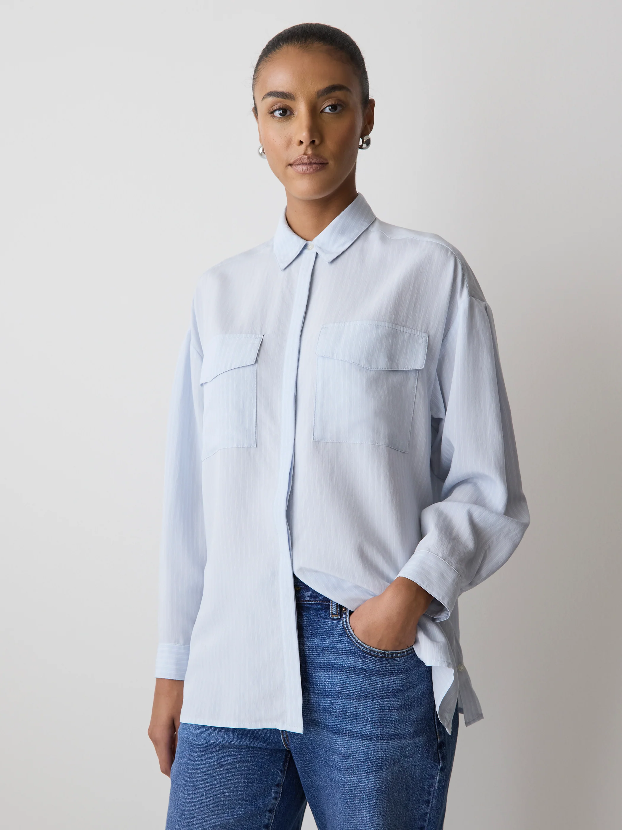 Striped Long-Sleeve Buttoned-Down Blouse with Pockets - Image 7