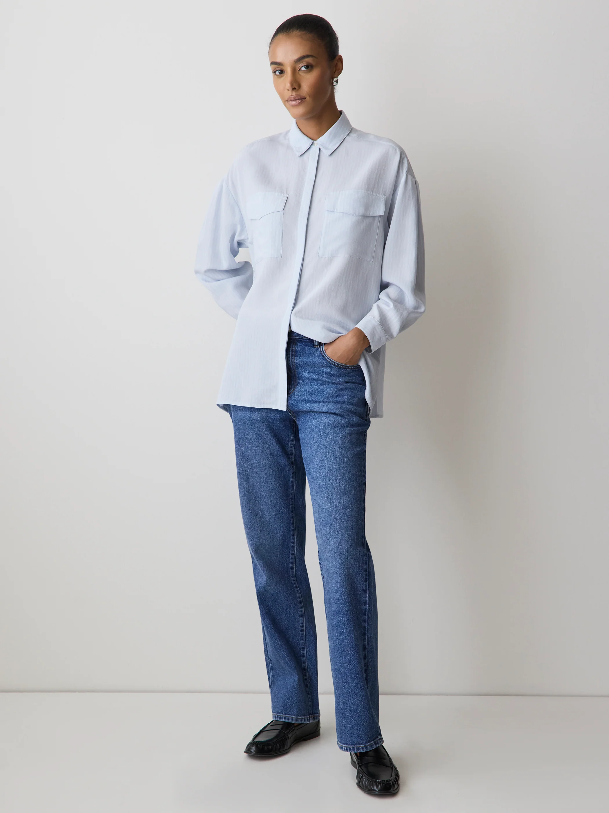 Striped Long-Sleeve Buttoned-Down Blouse with Pockets - Image 8
