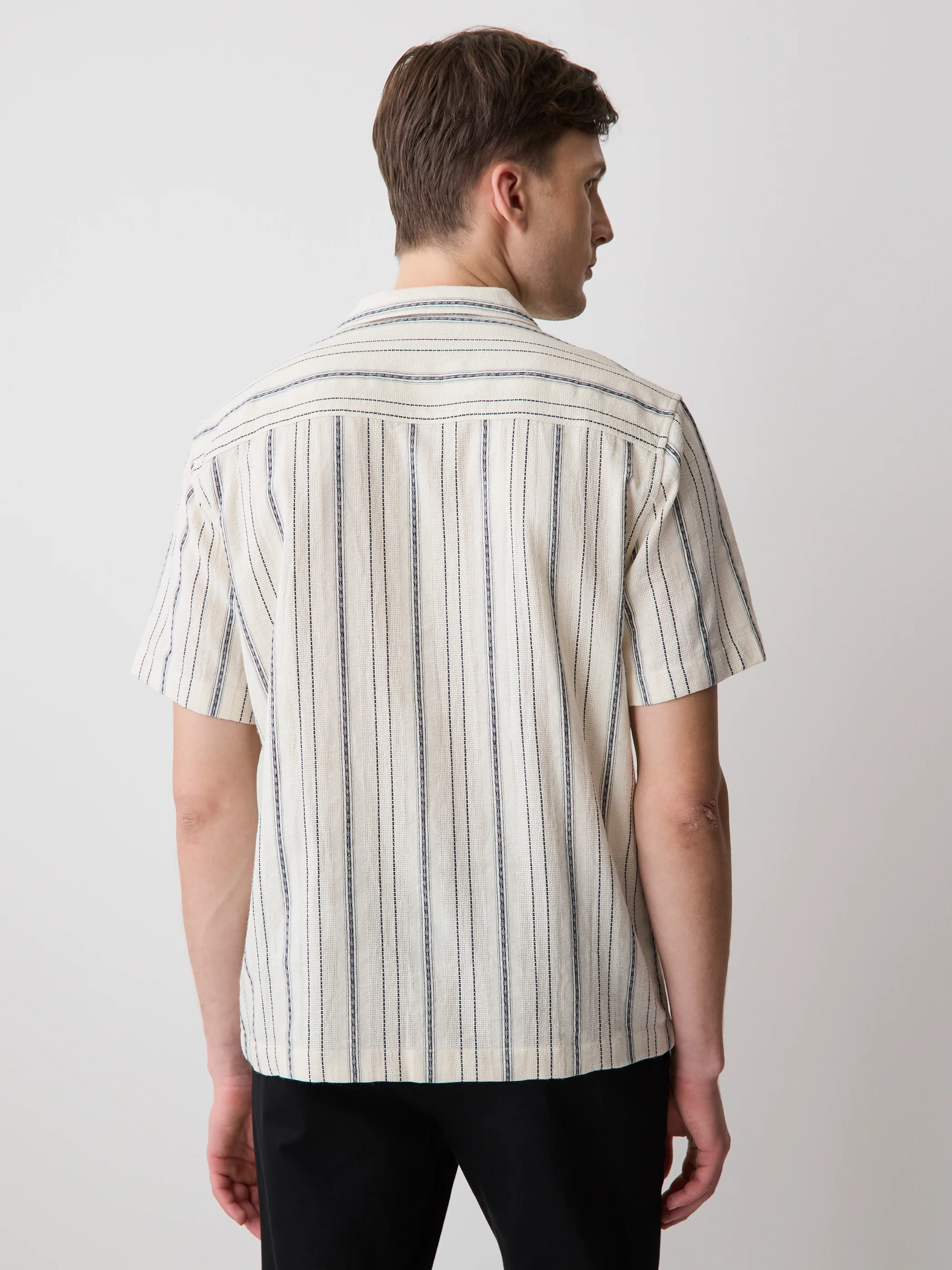 Striped Short-Sleeve Textured Shirt with Camp Collar - Image 3