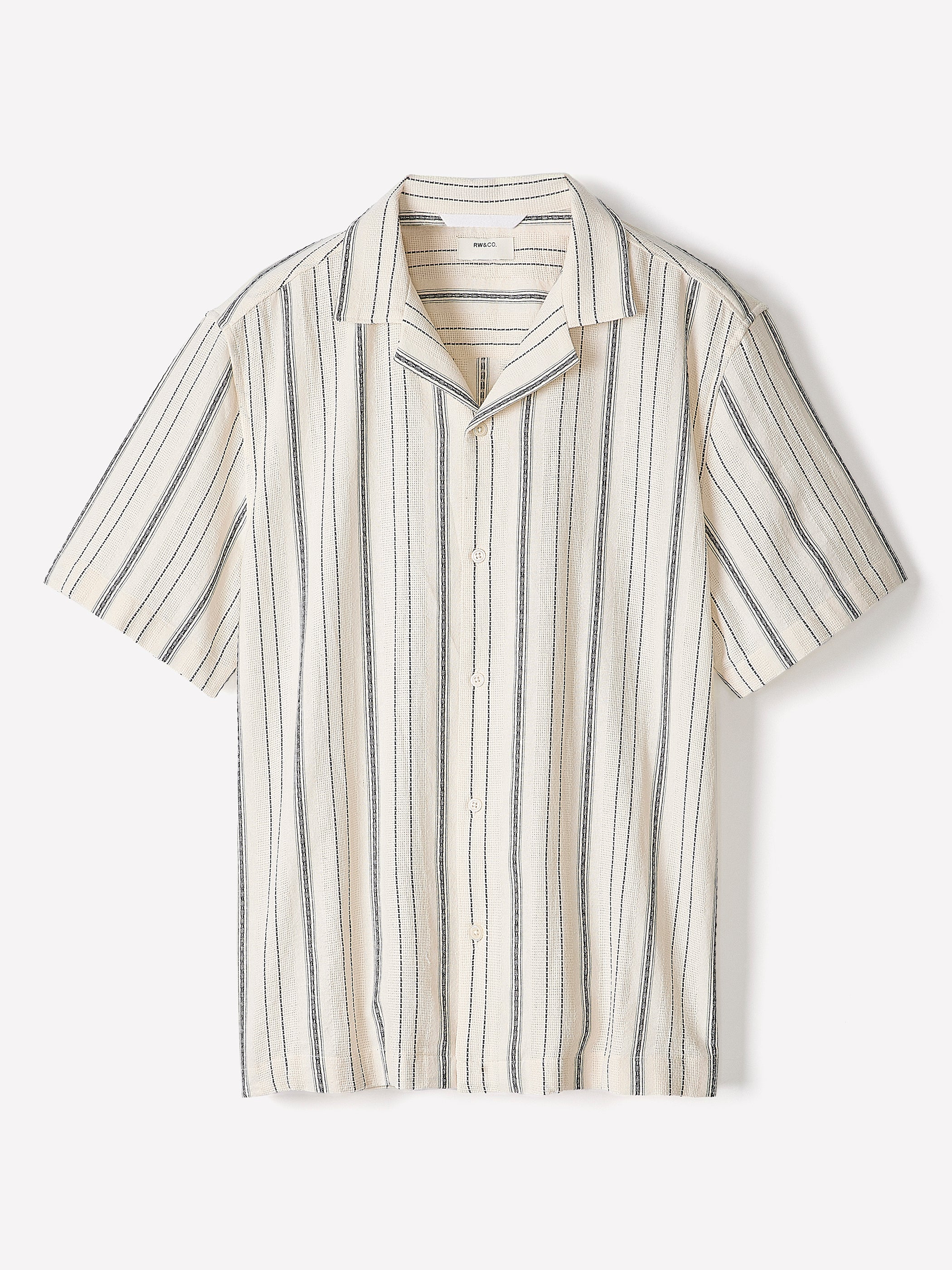 Striped Short-Sleeve Textured Shirt with Camp Collar - Image 5