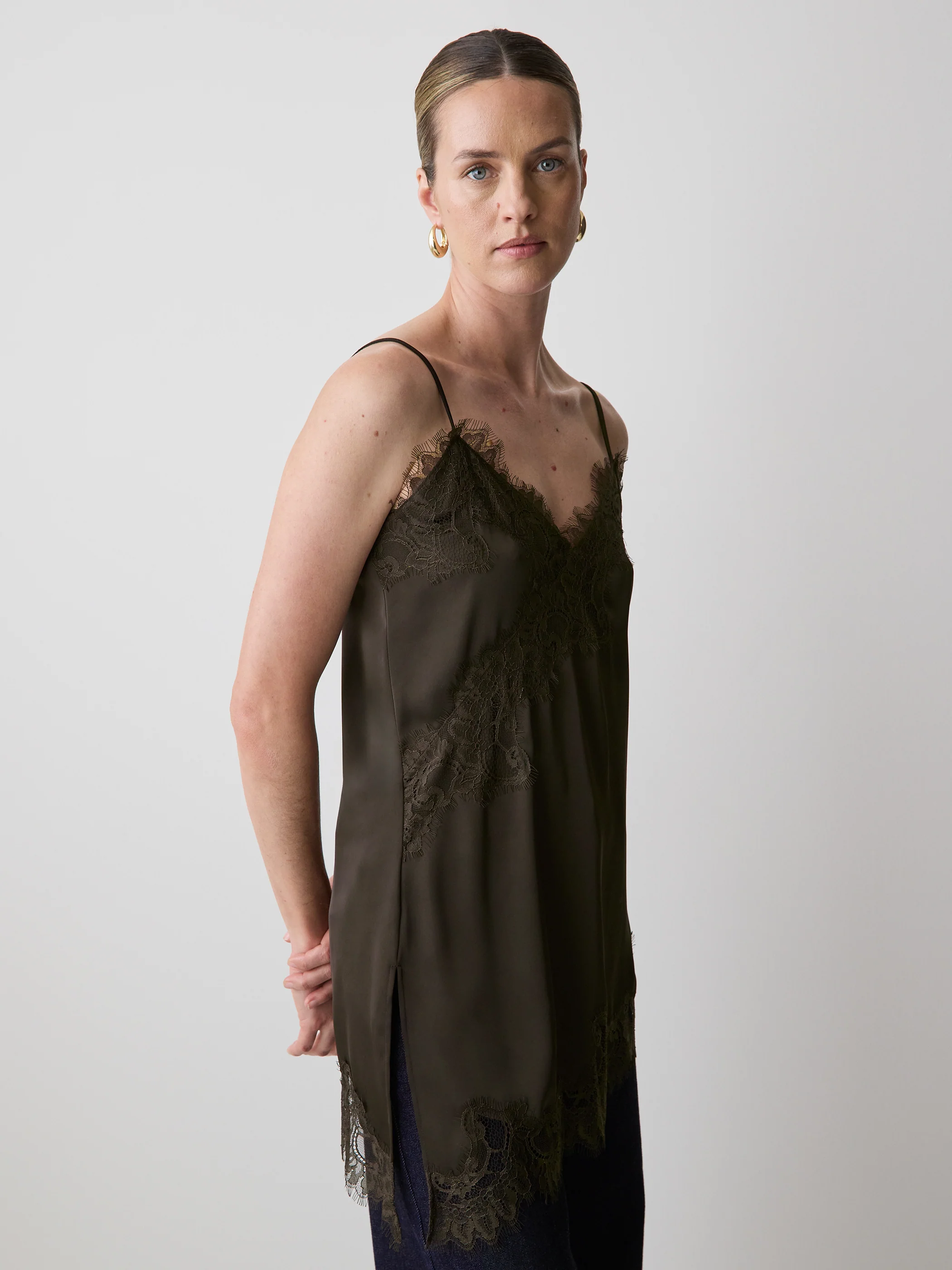 Sleeveless V-Neck Satin Blouse with Lace Trims - Image 4