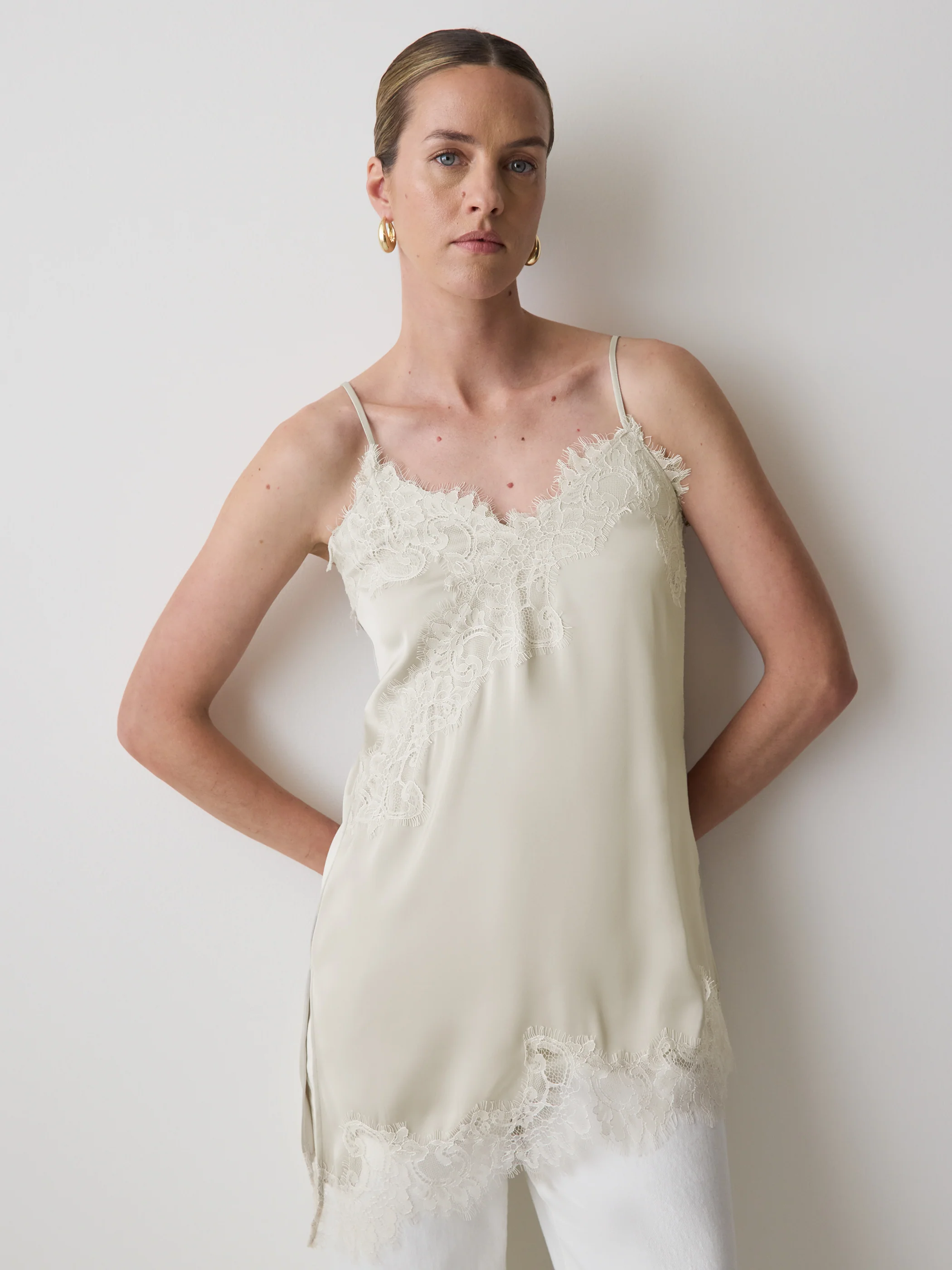 Sleeveless V-Neck Satin Blouse with Lace Trims - Image 7