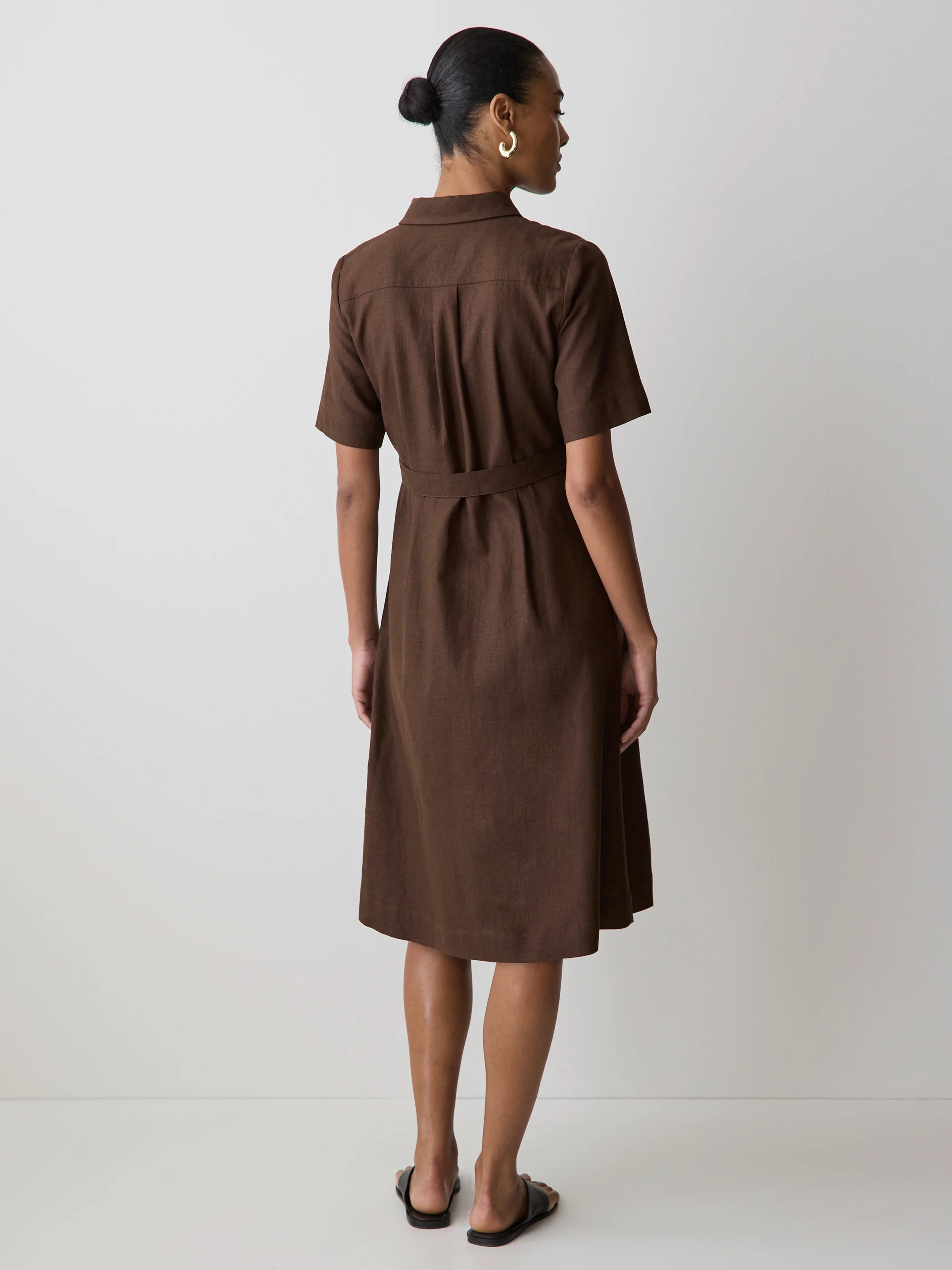 Short-Sleeve Linen-Blend Midi Dress with Shirt Collar - Image 3
