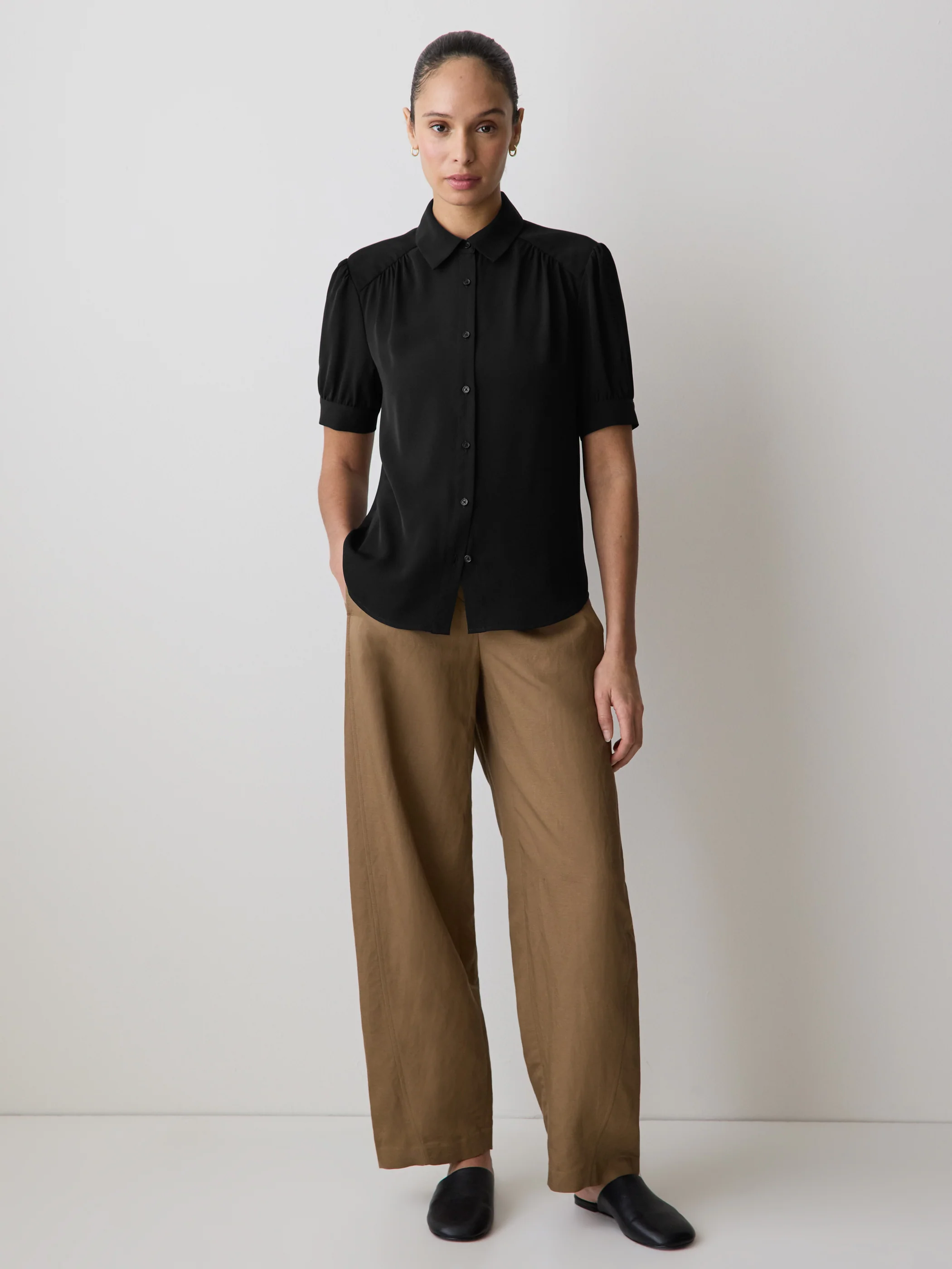 Silky Crepe Short-Sleeve Buttoned-Down Blouse - Image 2