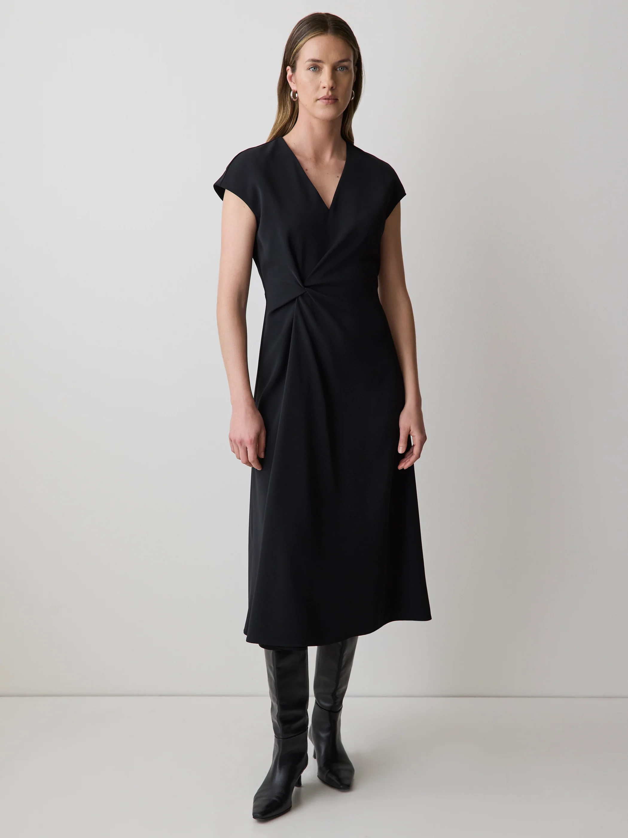 Extended-Sleeve V-Neck Twill Midi Dress