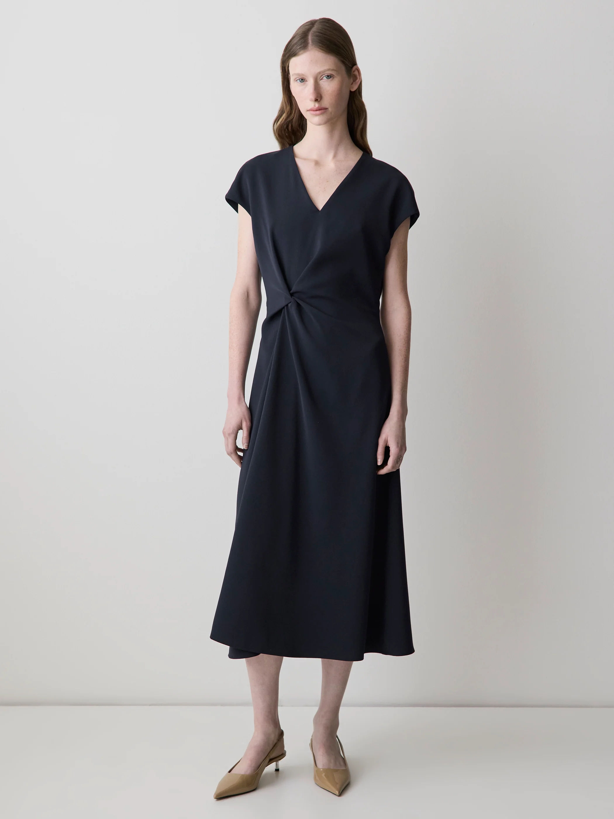 Extended-Sleeve V-Neck Twill Midi Dress - Image 6