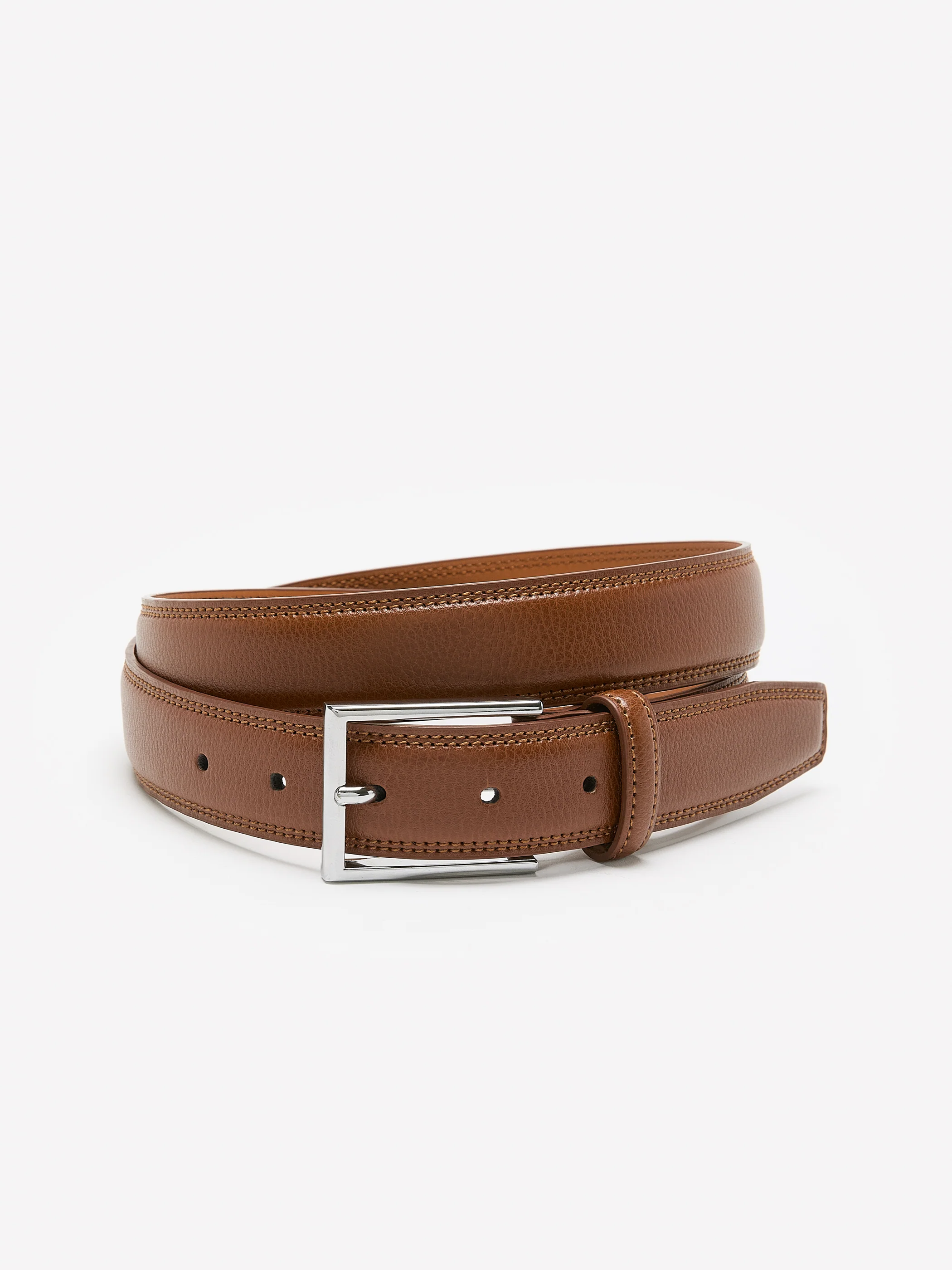 Double-Stitched Leather Belt with Square Buckle