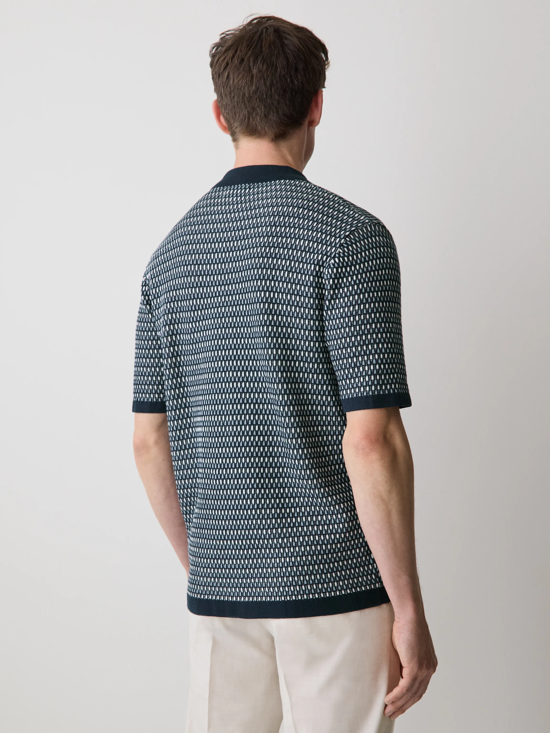 Striped Short-Sleeve Shirt Sweater with Camp Collar - Image 3