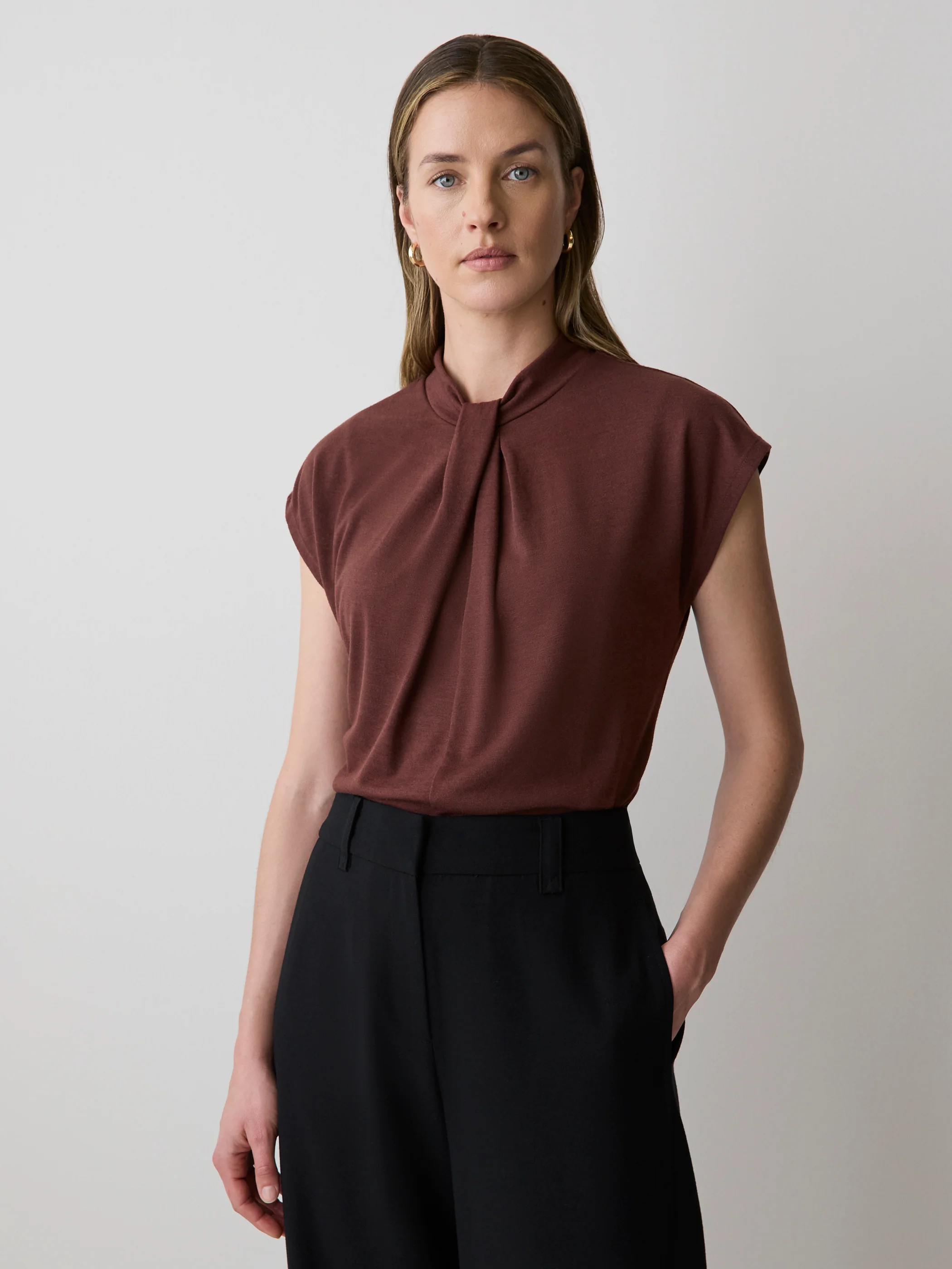 Extended-Sleeve Top with Twisted Draped Mock Neckline