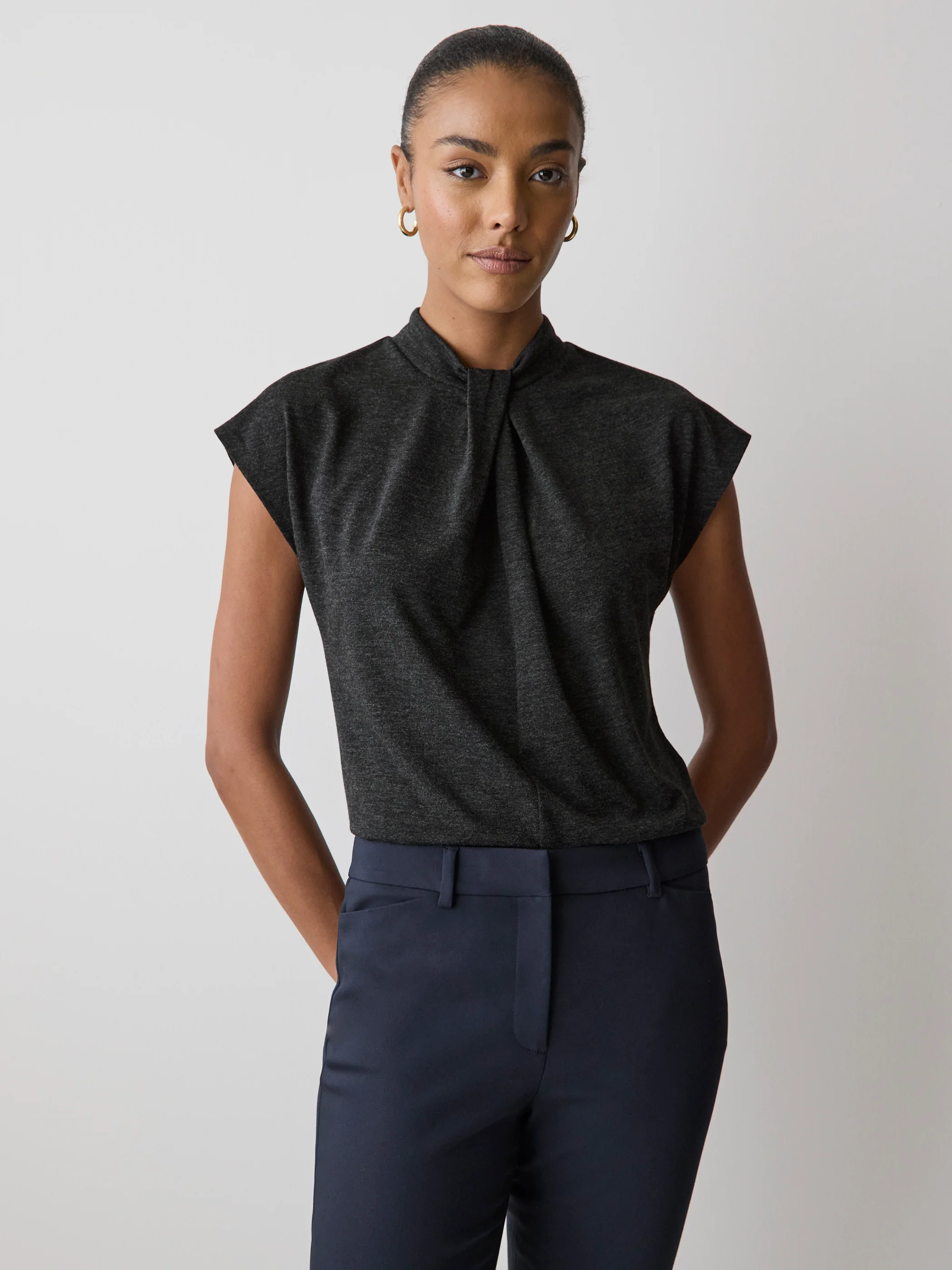 Extended-Sleeve Top with Twisted Draped Mock Neckline - Image 7