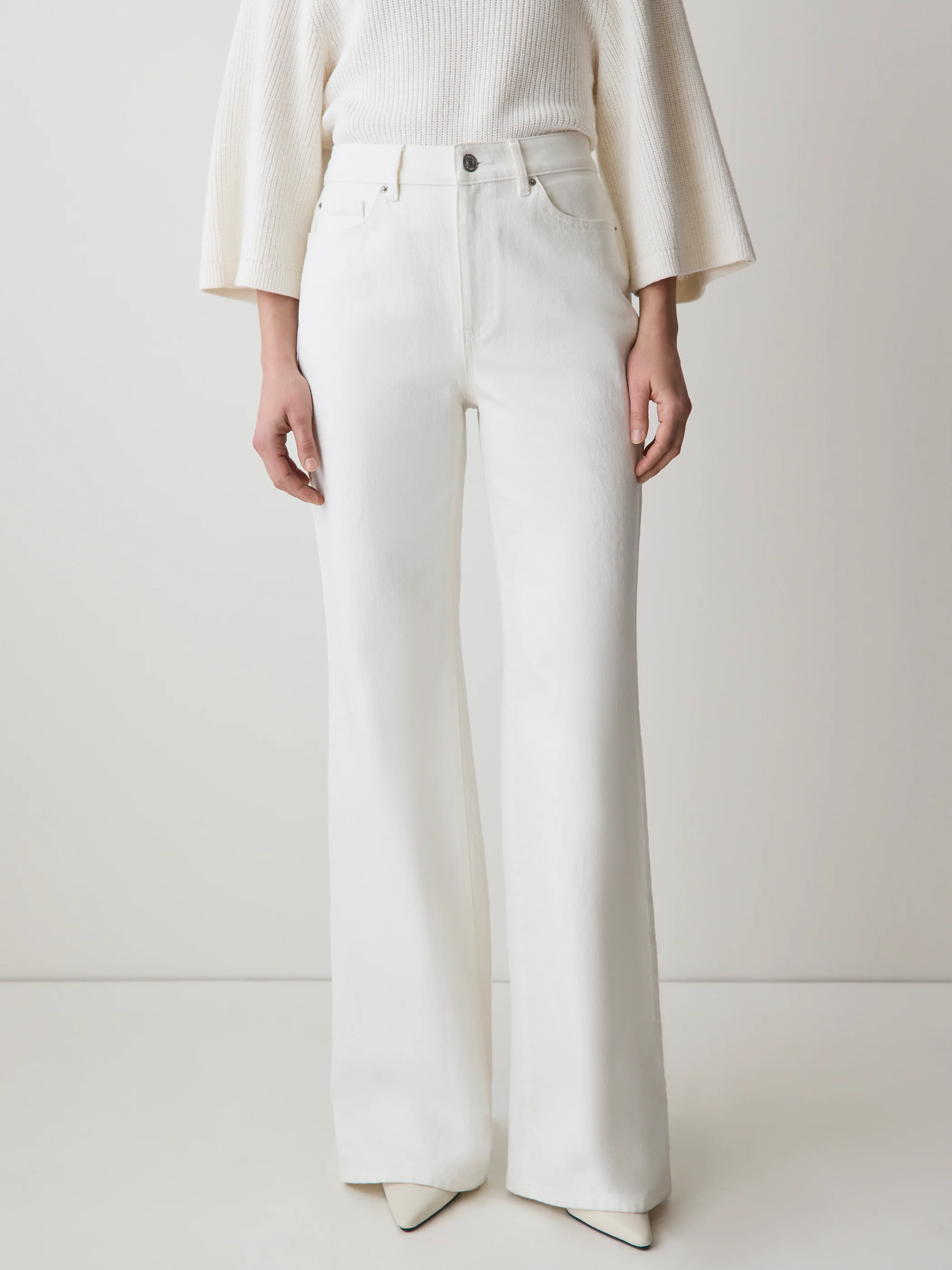 Cream Long High-Rise Wide-Leg Jeans