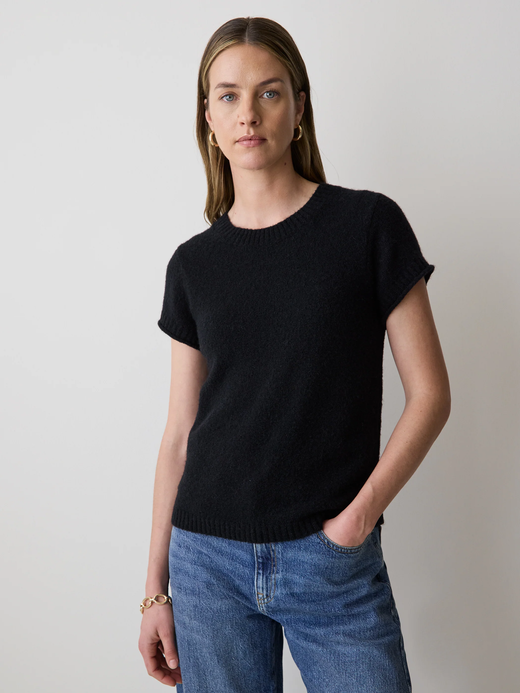 Wool-Blend Cap-Sleeve Crew-Neck Boxy Sweater
