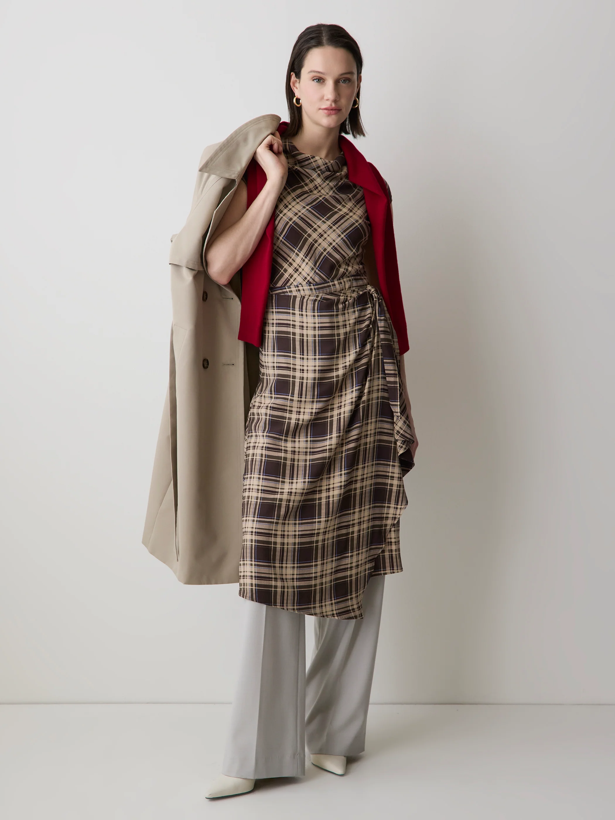 Extended-Sleeve Cowl-Neck Midi Dress with Wrap Detail