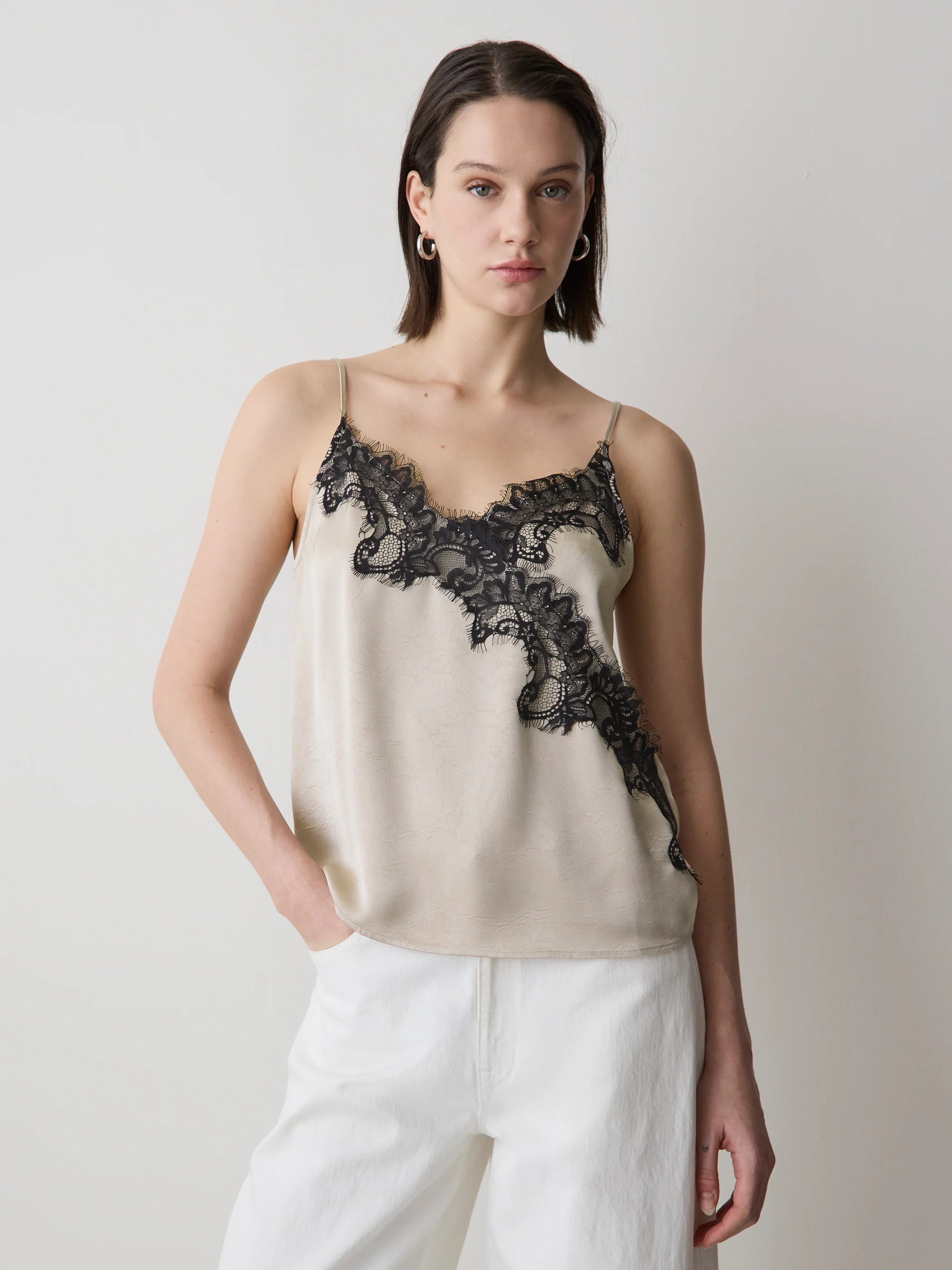 Sleeveless V-Neck Satin Blouse with Lace Trim - Image 13
