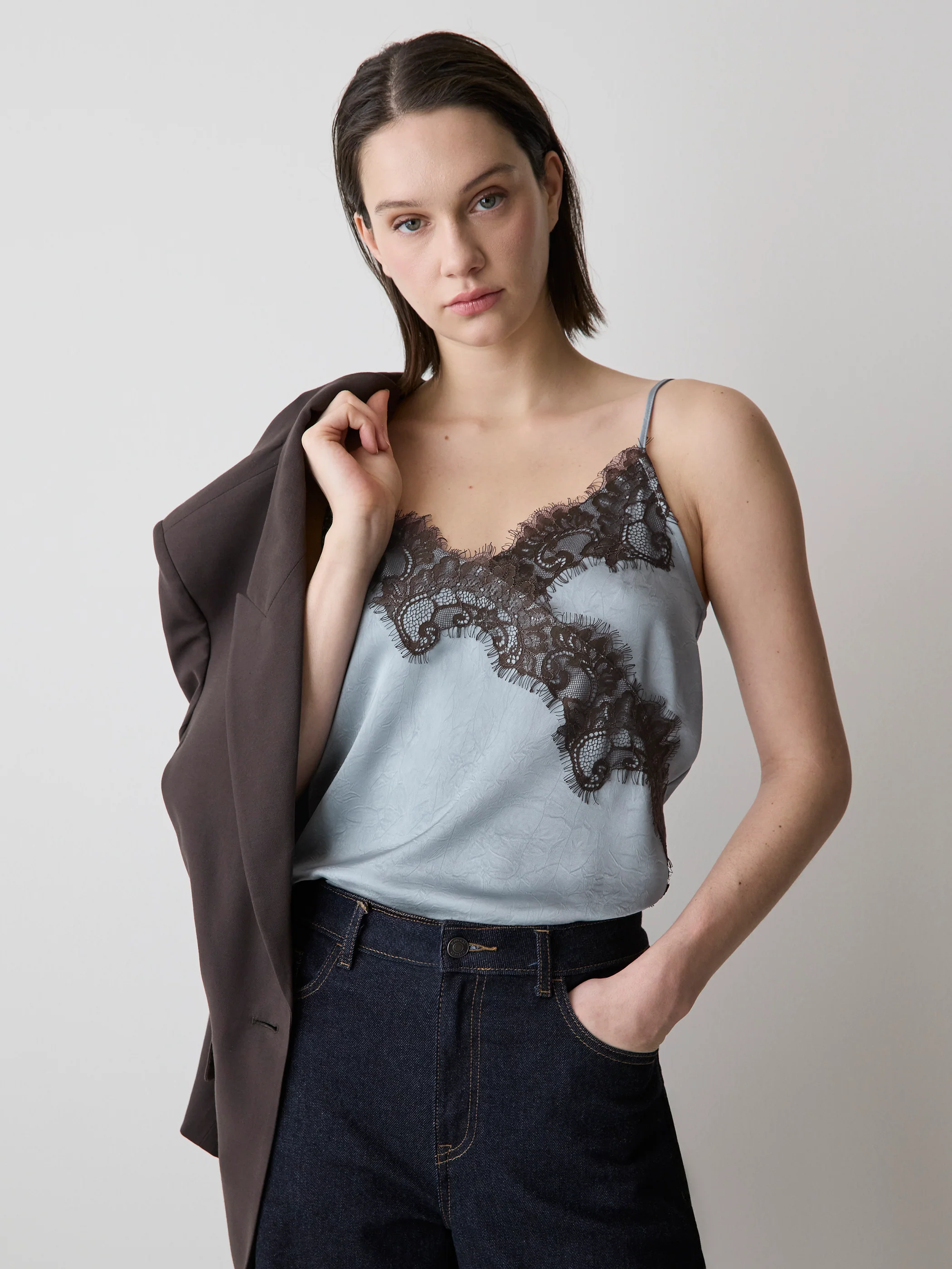 Sleeveless V-Neck Satin Blouse with Lace Trim - Image 19
