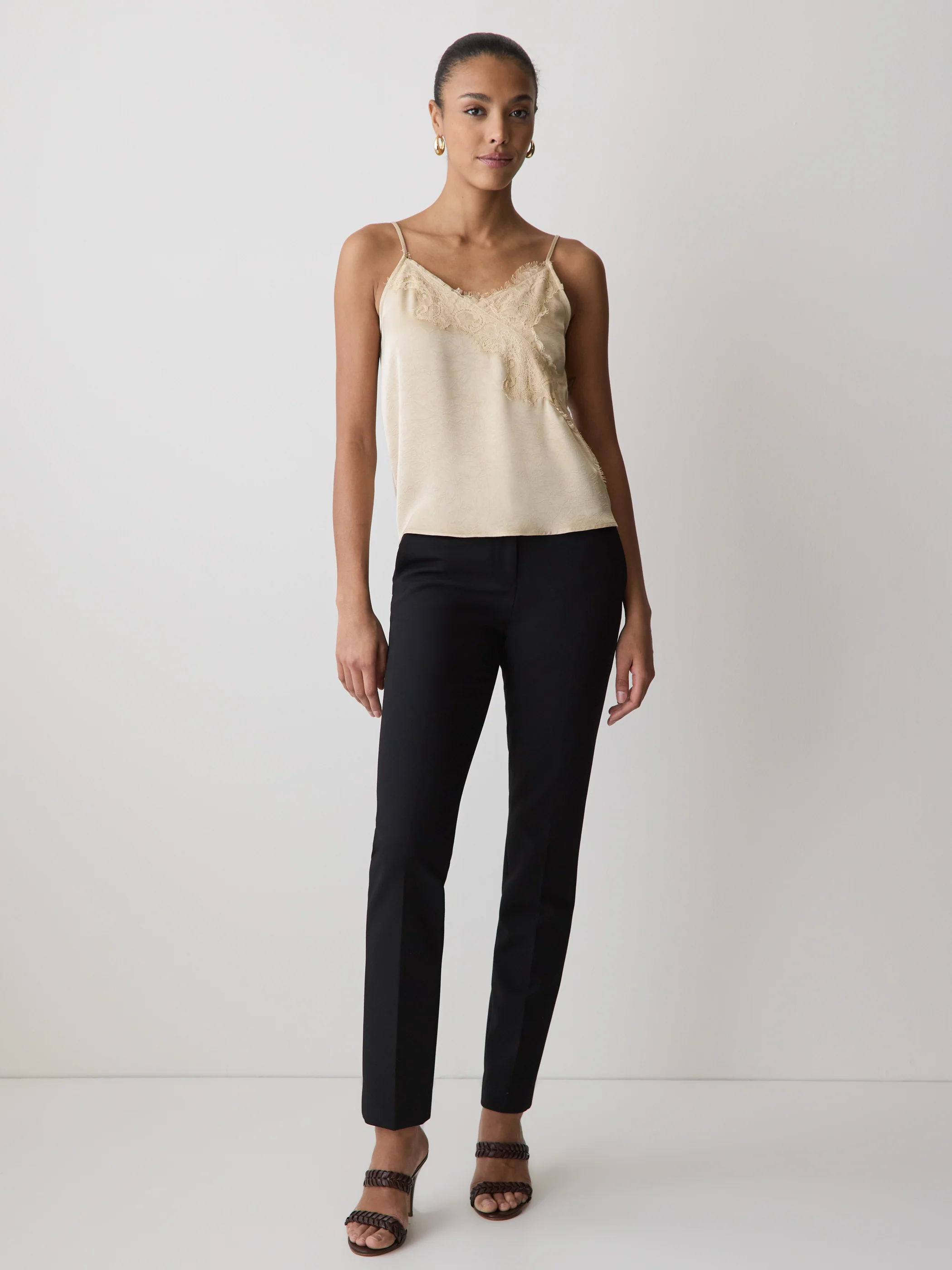 Sleeveless V-Neck Satin Blouse with Lace Trim - Image 8